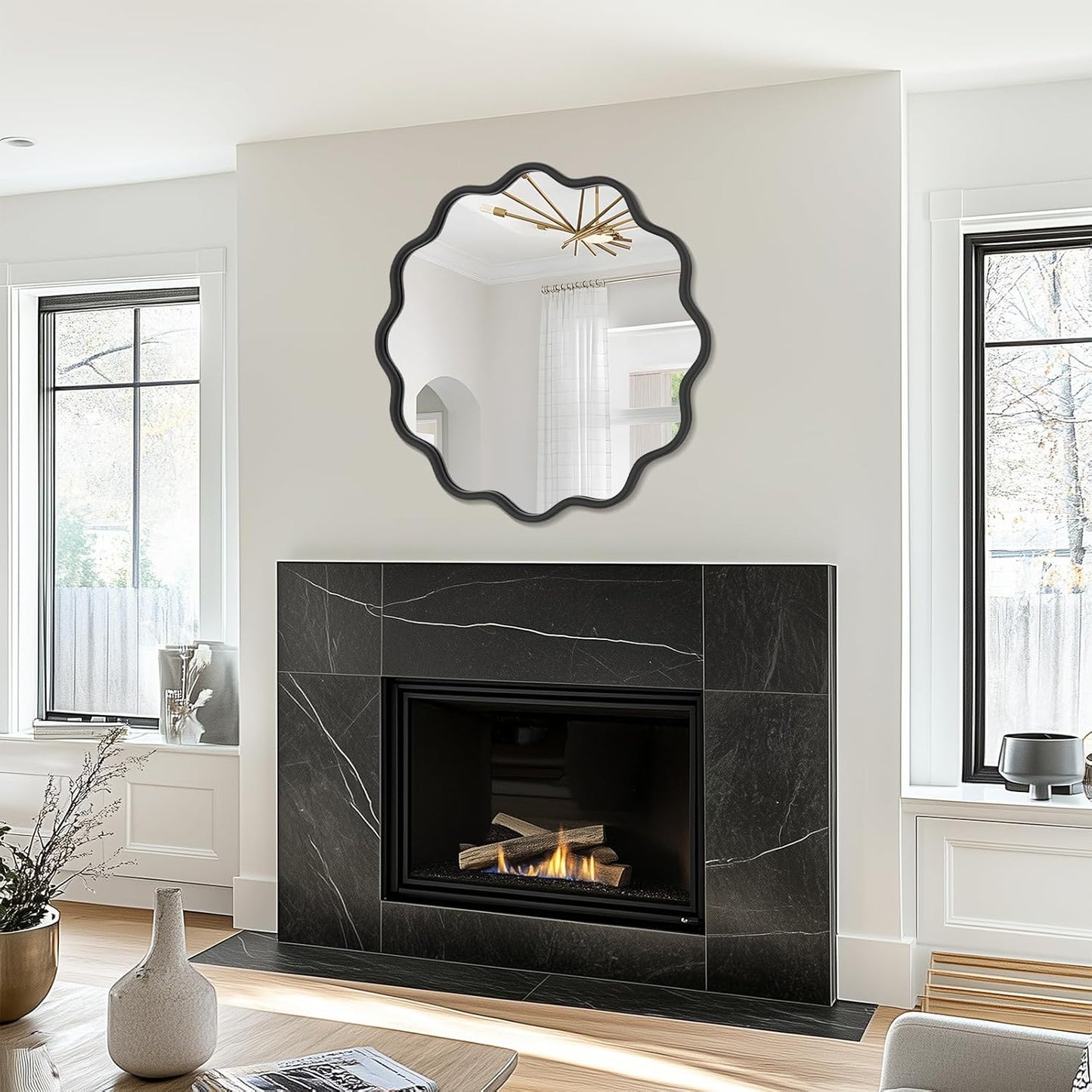 PROHOMEWARE Black Round Mirror 28 Inch Wavy Bathroom Vanity Mirror Gold Frame Modern Wall Mirror Decorative Wall-Mounte Anti-Rust, Tempered Glass
