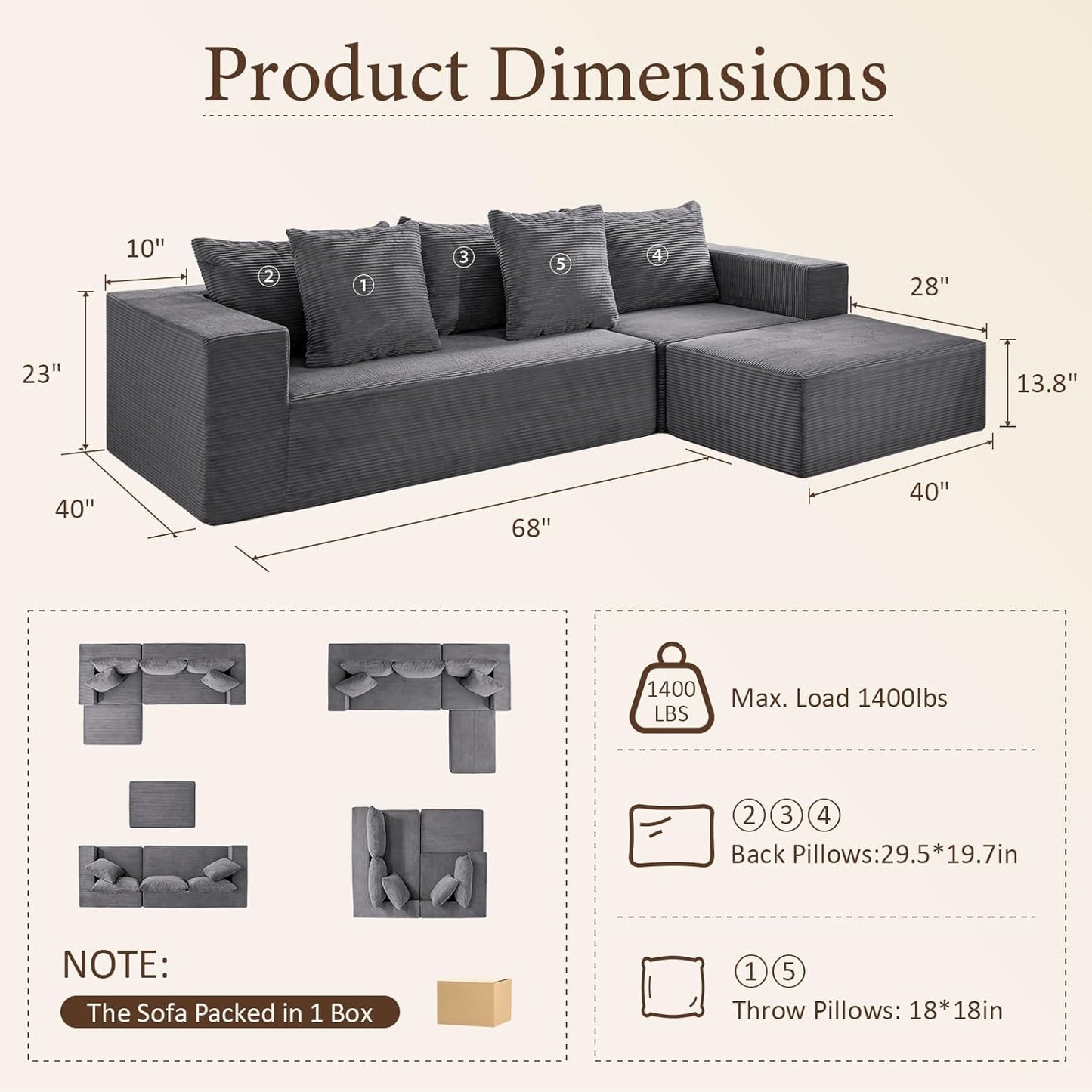 INGEROOM 108" Cloud Sectional Couch with L-Shape Chaise, Modular Sofa Memory Foam, Boneless Sofa with Movable Ottoman, Upholstered Couches for Living Room Bedroom, No Assembly Required, Dark Gray