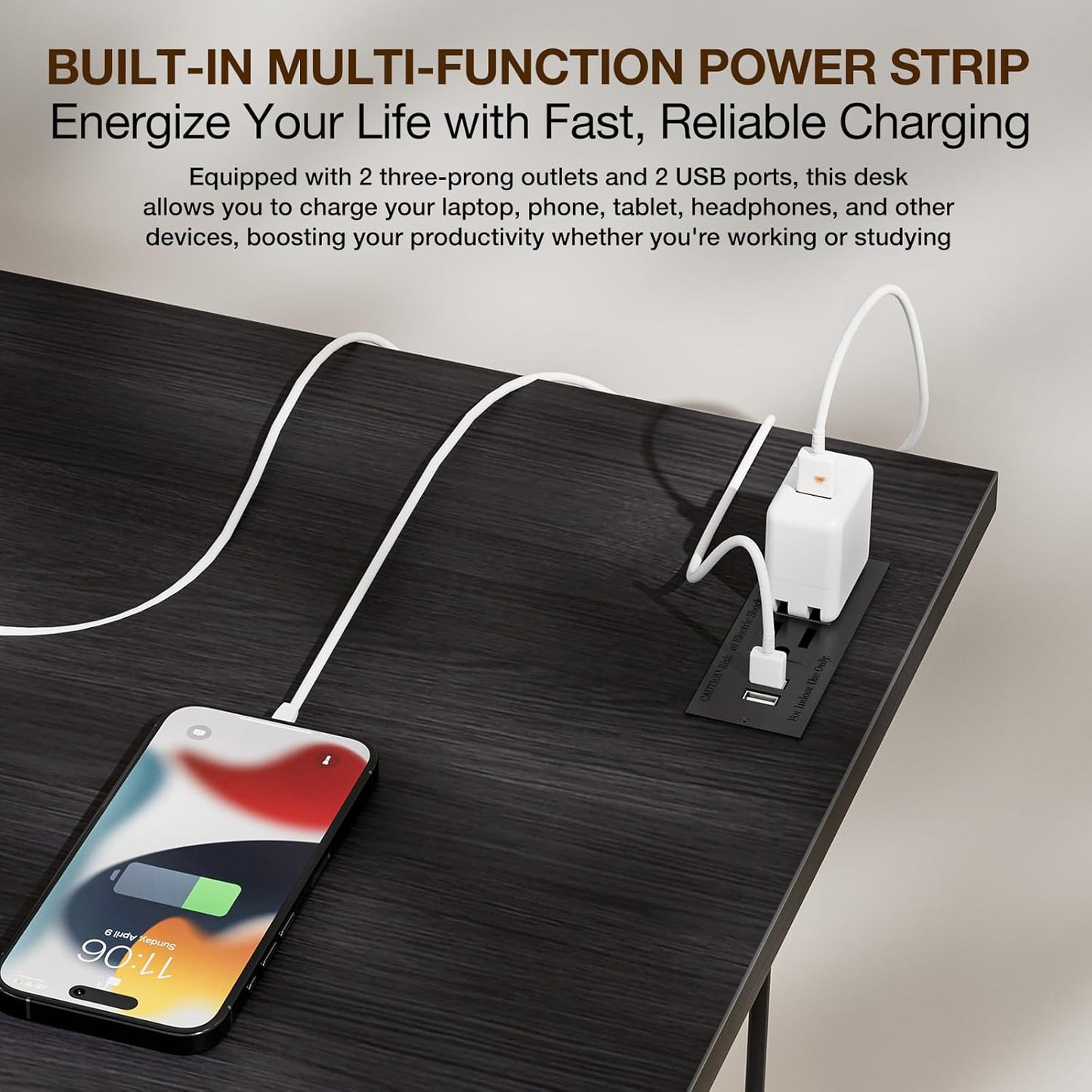 TEMI Small Computer Desk Folding Table - No Assembly, Compact 43.3" Foldable Desk with Power Outlets & USB Charging Port, Portable Small Office Desk, Ideal Mini Study Table, Charcoal Wenge