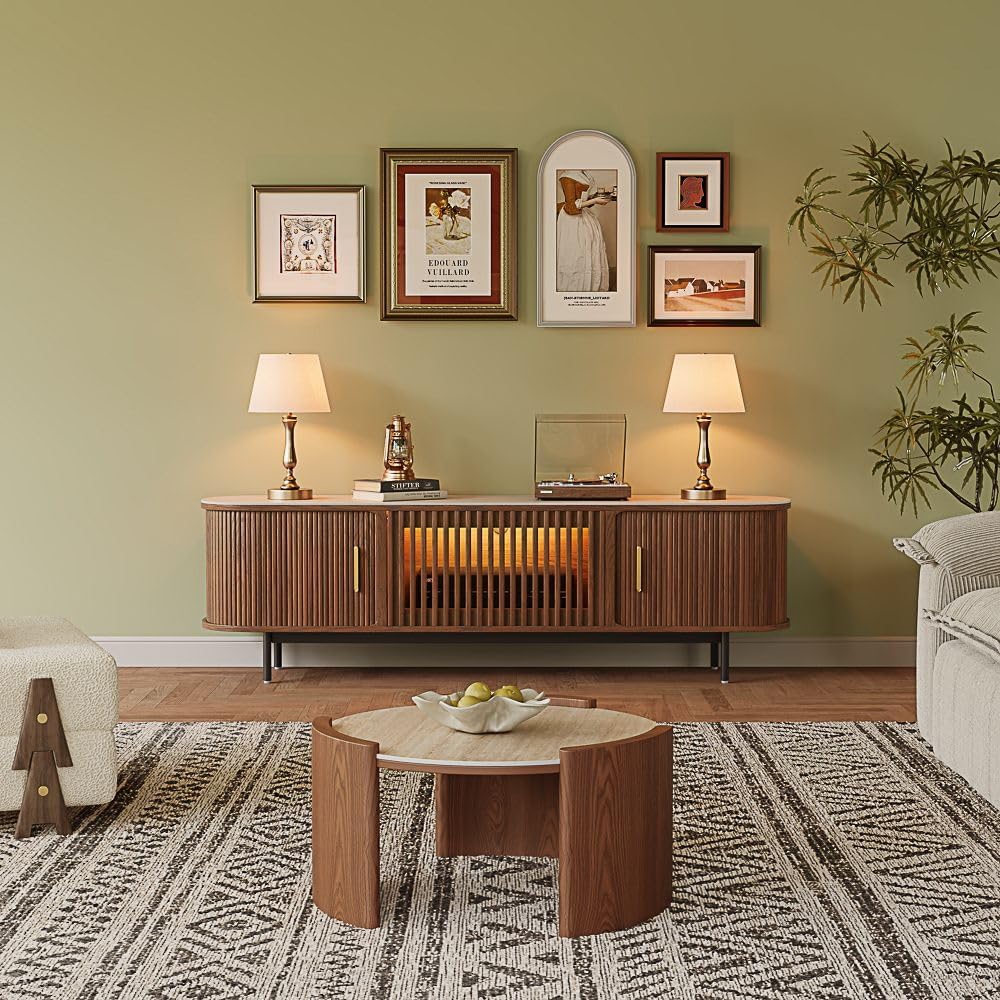POVISON Fully-Assembled Mid Century Modern Black TV Stand with White Matte Travertine Stone Tabletop & LED Lights, Rolling Door Media Console, Wood TV Console for Living Room