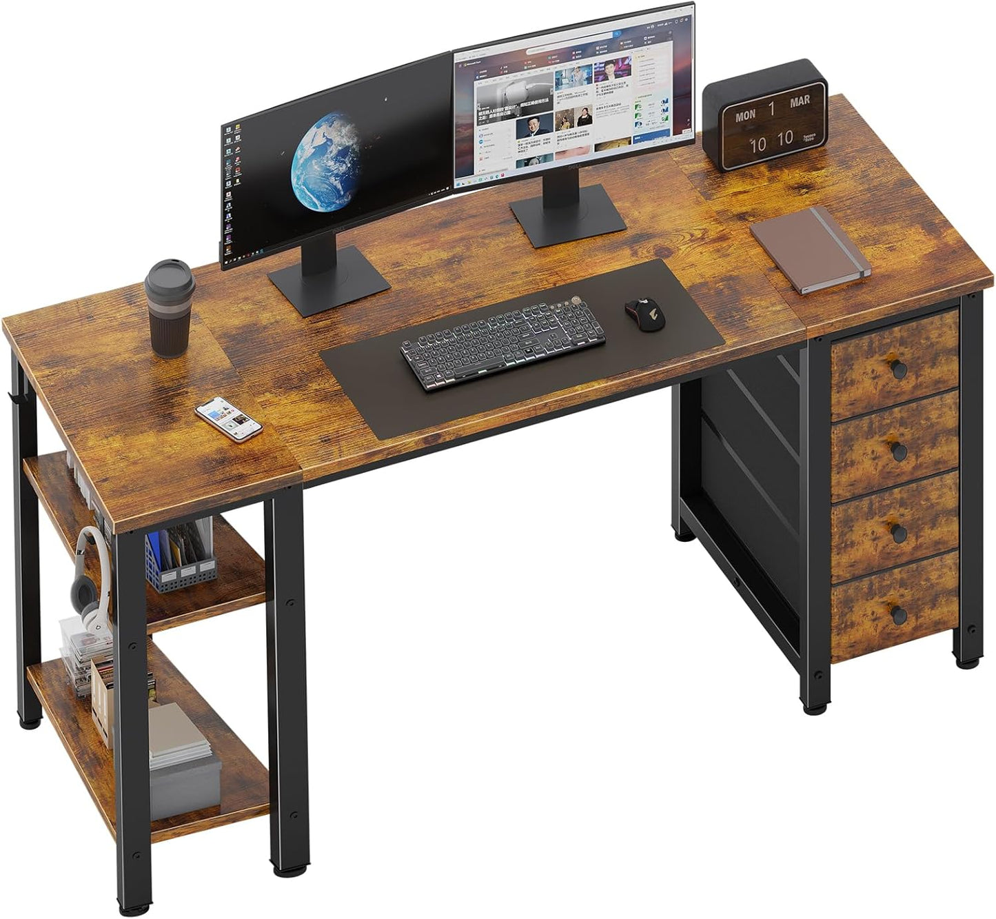 Lufeiya 55 inch Computer Desk with 4 Fabric Drawers & Storage Shelves, Writing Work Study Desk for Home Office Bedroom, Modern Simple Student PC Desks Table, Rustic Brown