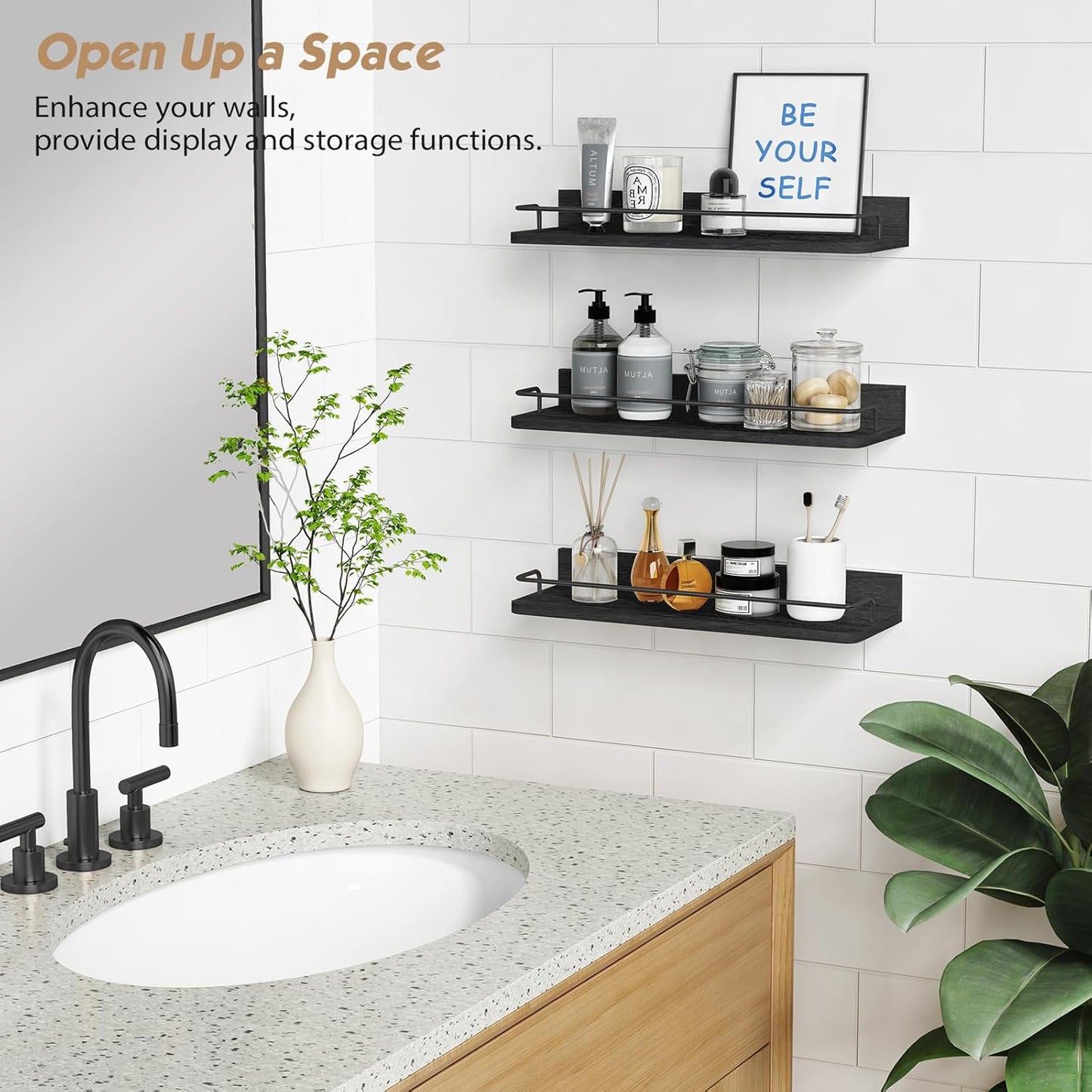 Forbena Black Floating Shelves for Wall, Bahtroom Wall Shelves Over Toilet, Rustic Hanging Shelf with Lip Rail for Bedroom Kitchen Office Living Room Picture Photo Decor, 17 Inch Long-Set of 3