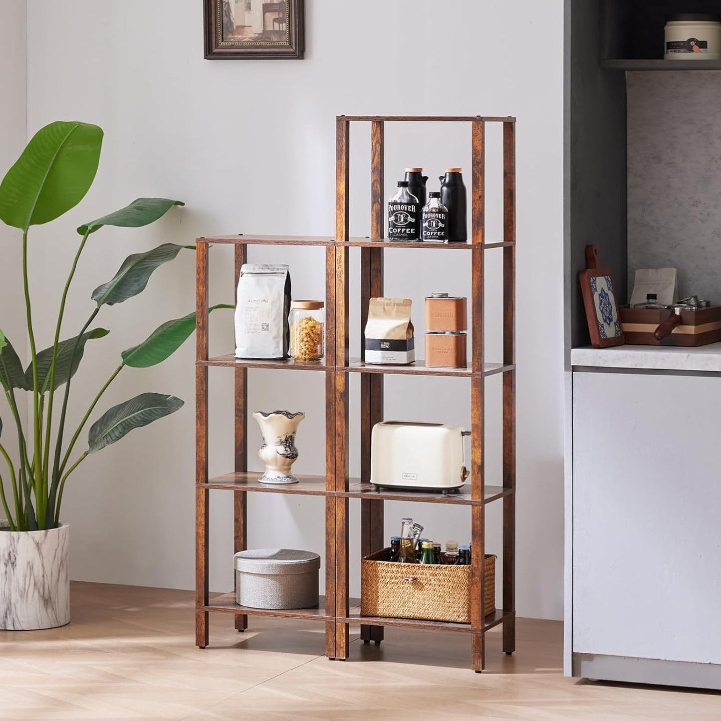 4 Tier Tall Wooden Bookshelf with Storage - Small Bookcase for Small Spaces, Shelf for Living Room, Office, Bedroom, Kitchen - Industrial Retro Brown Book Shelf