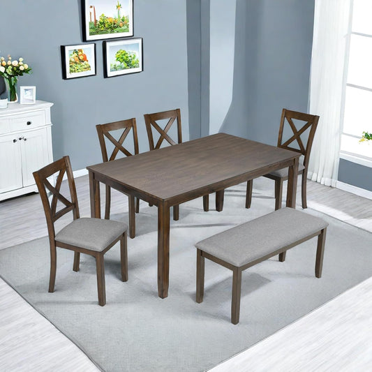 Dining Table Set, 6-Piece Modern Rectangular Dining Table & Chair Set with 4 Upholstered X-Shaped Backrest Chairs and a Bench, Walnut