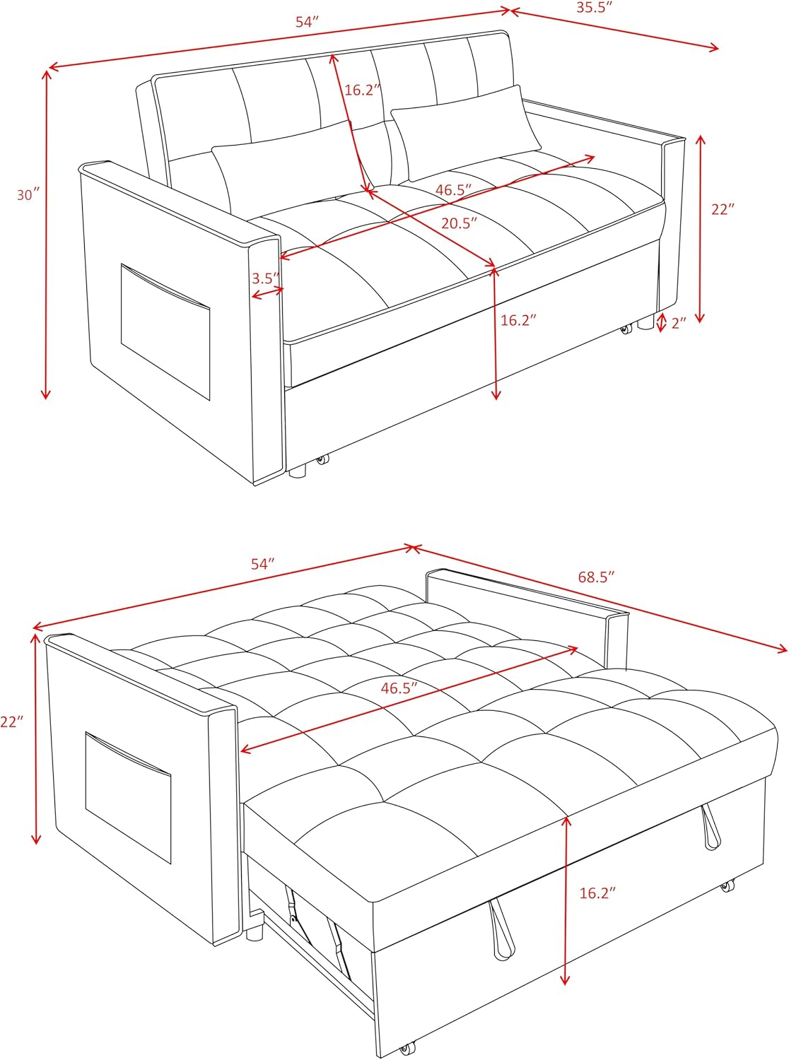 3 in1 Sofa Bed, Pull-Out Sleeper Sofa Bed with 3-Level Adjustable Backrest, Velvet Fabric Convertible Love Seat Sleepers Beds for Living Room & Bedroom & Apartment, Black