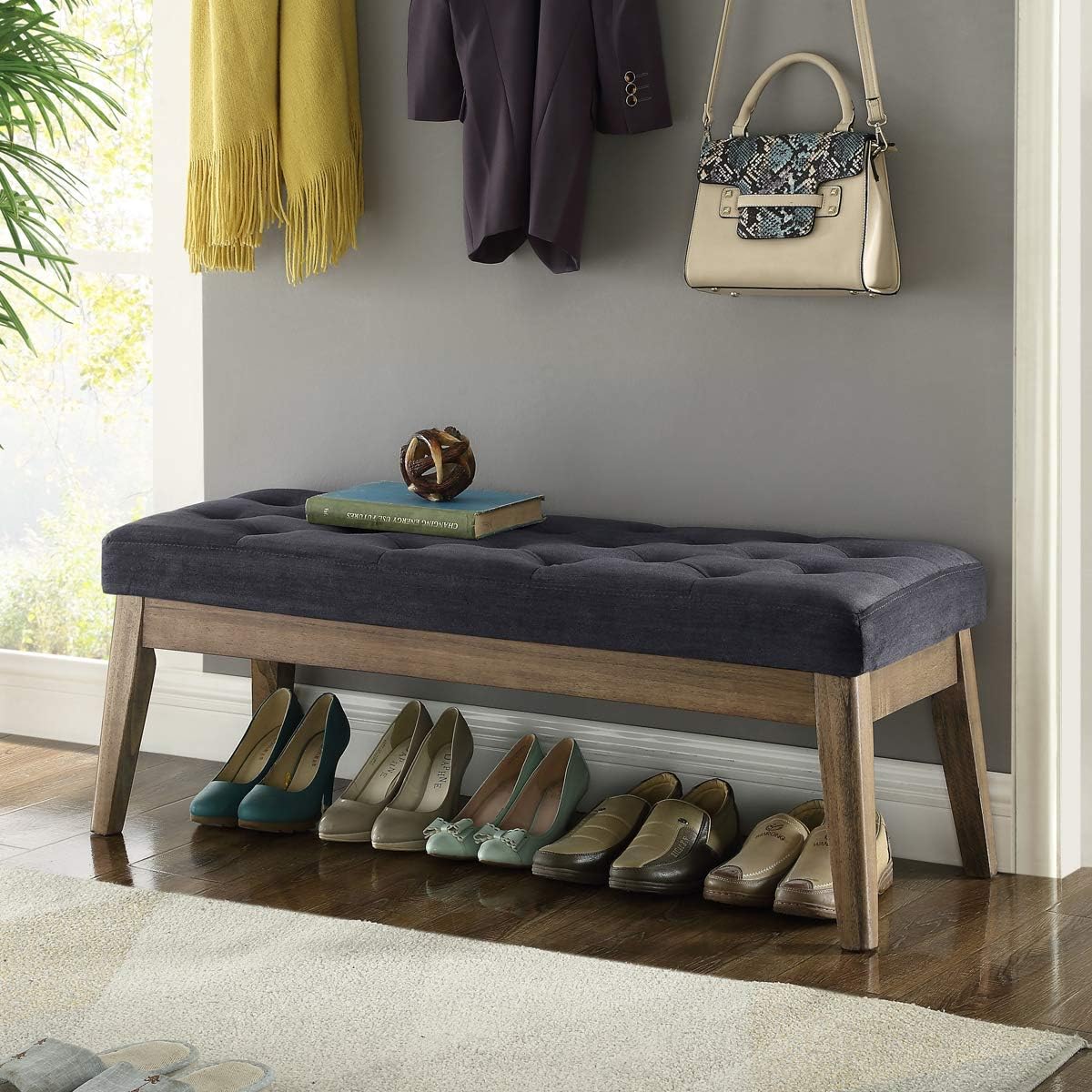 24KF Velvet Upholstered Buttons Tufted Entryway Bench with Solid Wood Leg,Bed Bench Ottoman with Padded Seat,5034-Midnight