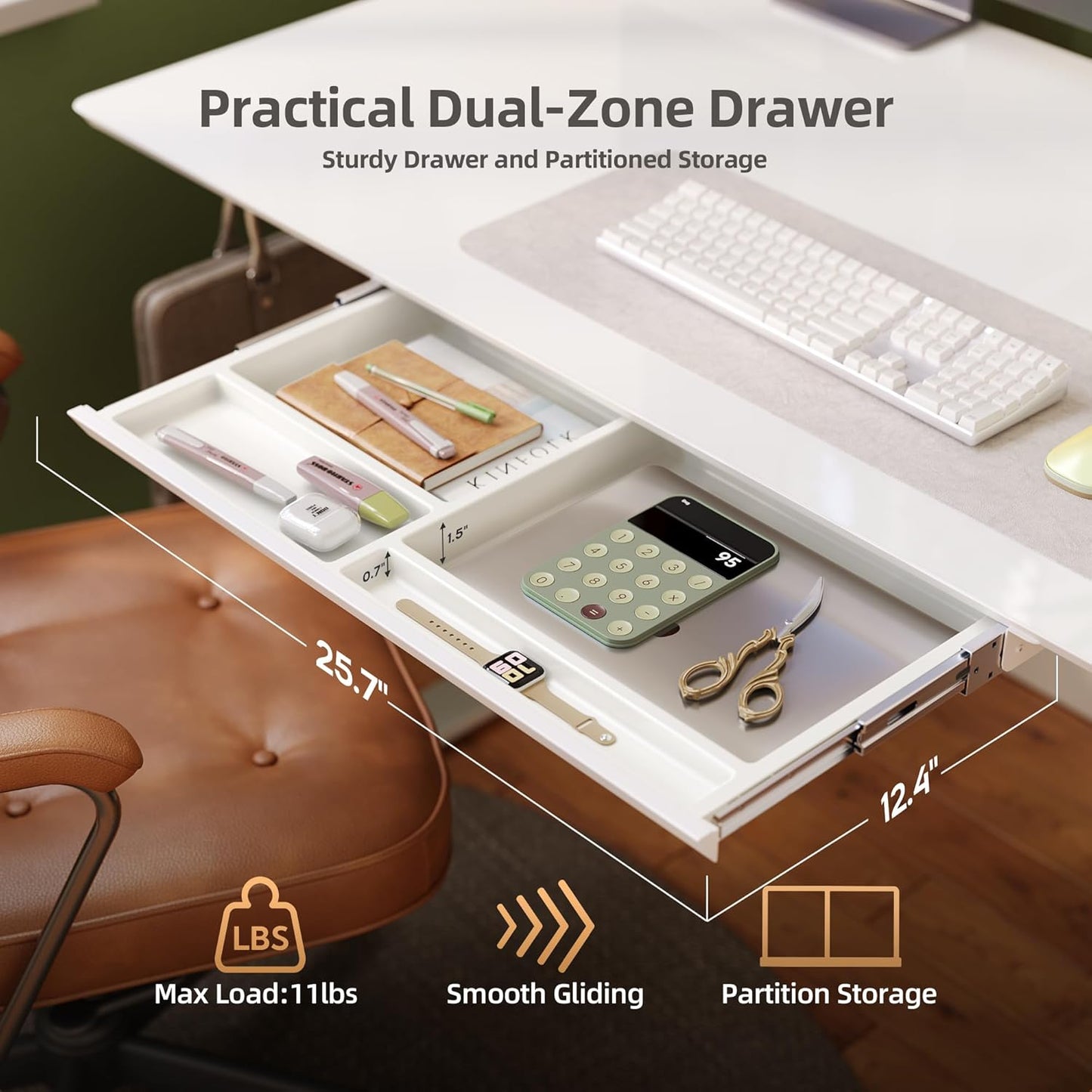 INNOVAR Glass Standing Desk with Drawers, 55×24 Inch Adjustable Stand Up Desk Quick Install Home Office Computer Desk, White