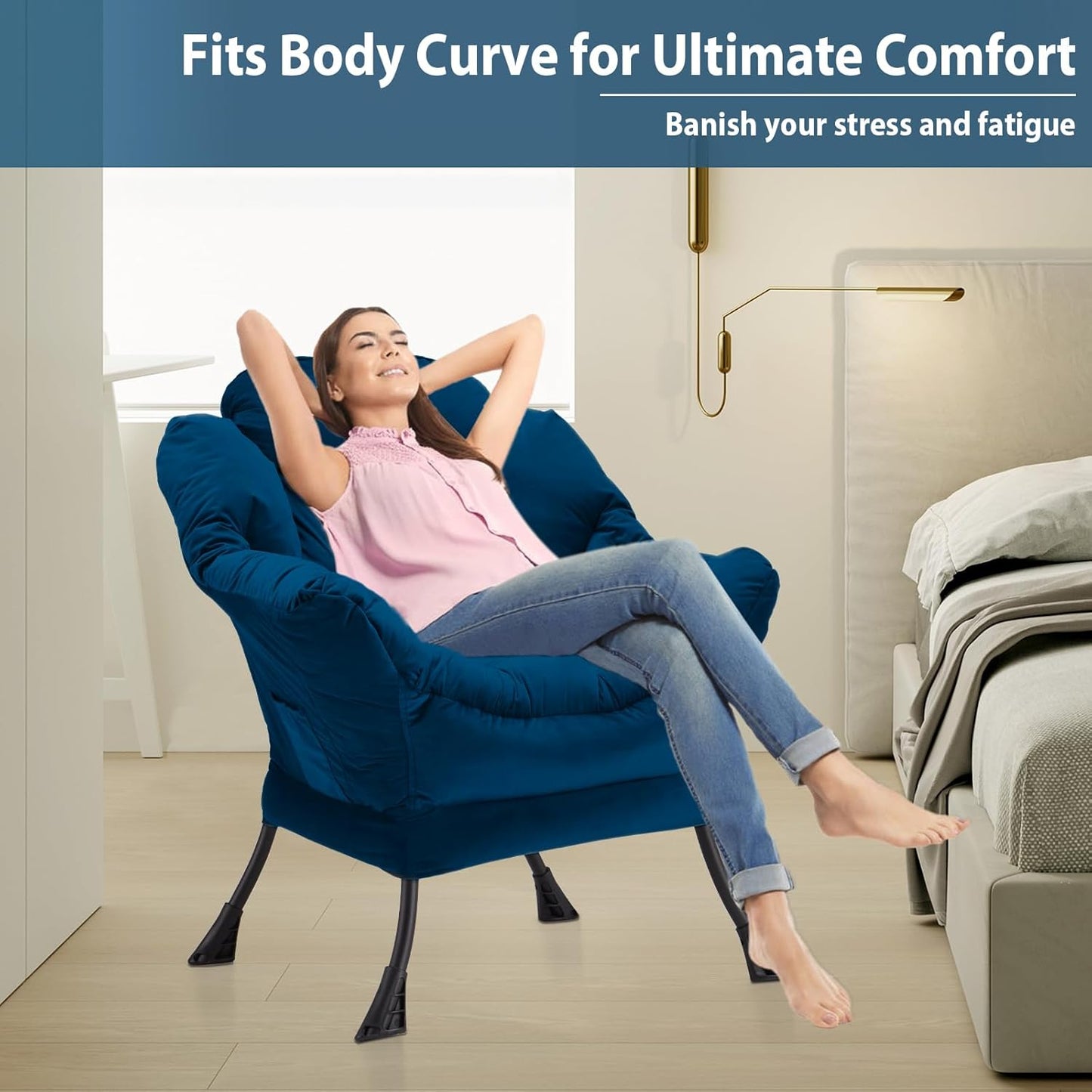 Lazy Chair Thick Padded, Comfy Velvet Accent Lounge Chair with Stable Frame, Leisure Sofa Armchair with Armrests and Side Pocket, Reading Chair for Bedroom, Living Room, Office, Blue