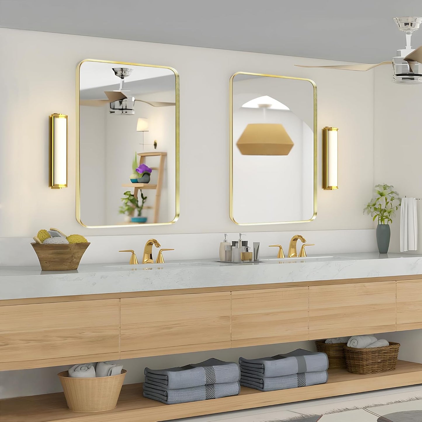 Wall Mount Mirror for Bathroom, Brushed Gold Metal Framed Rounded Corner Rectangular Vanity Mirror (20" x 30", Gold)