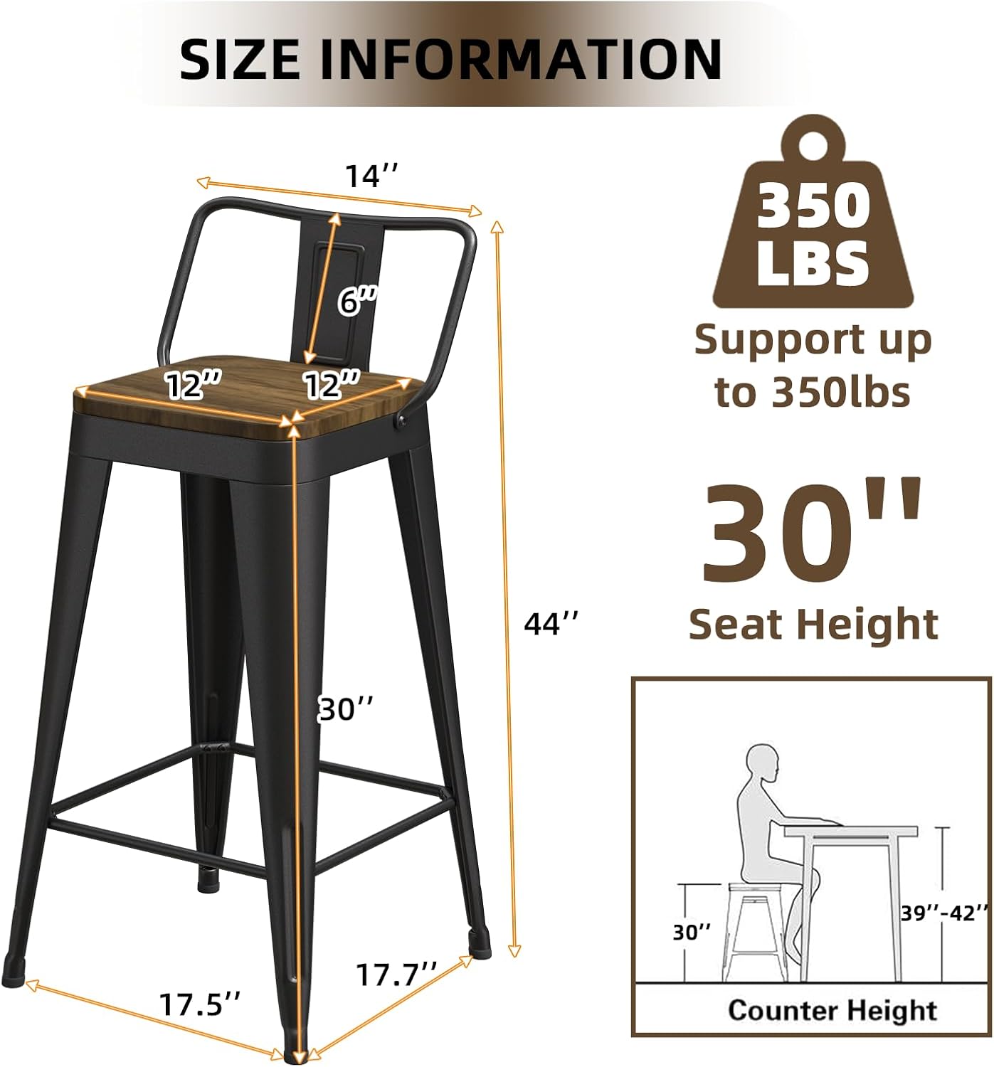 Black Bar Stools Set of 4, Metal Bar Stools with Wooden Seat, Modern 30”Counter Height Barstools with Low Back