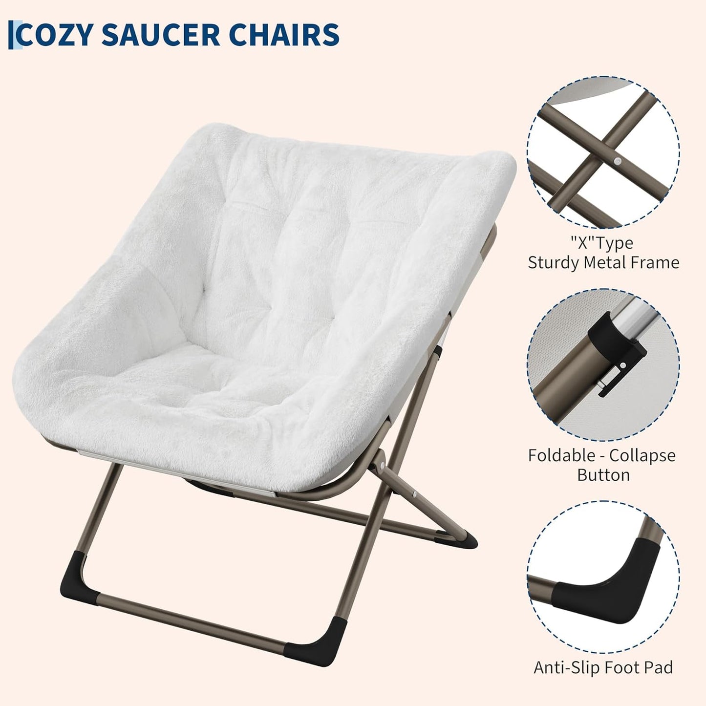 Comfy Chair for Adults, Foldable Living Room Chairs, Soft Faux Fur Folding Lounge for Bedroom Living Room Dorm Rooms, Flexible Reading Chair for Teens (1, White, X-Large)