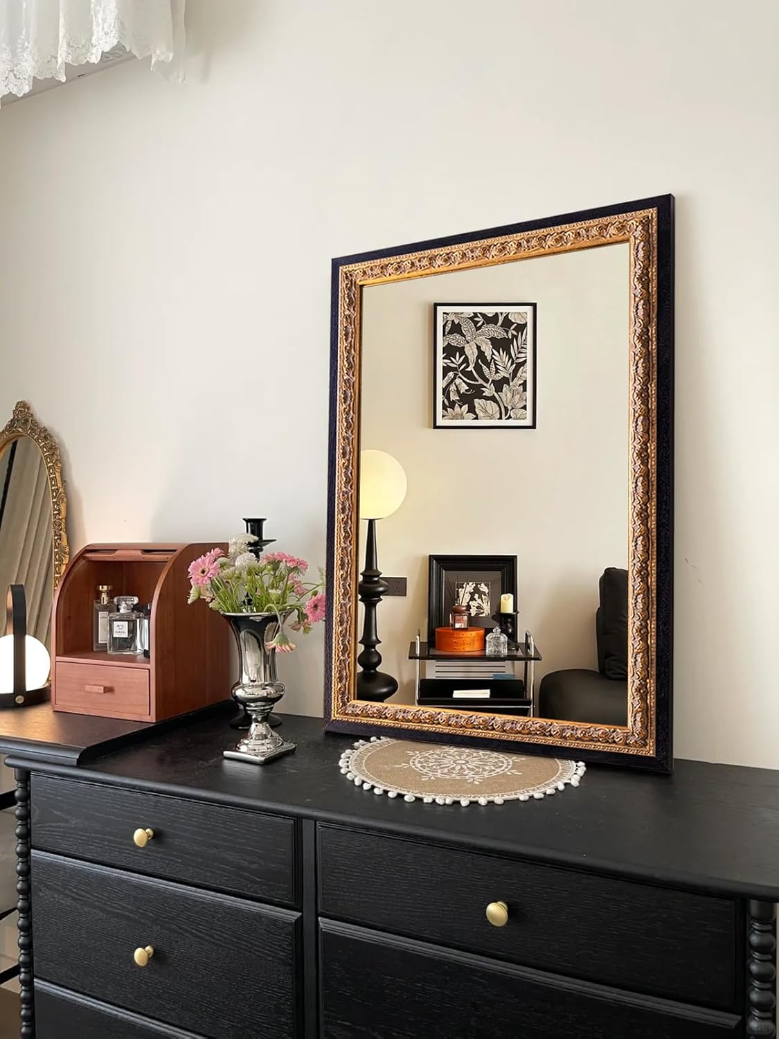 Vintage Gold Mirror 36”x24”, Black Decorative Mirror for Vanity with Gold Foil Carvings Solid Wooden Frame, Antique Handmade Aging, for Luxe Living Room, Entryway, Bathroom and Bedroom