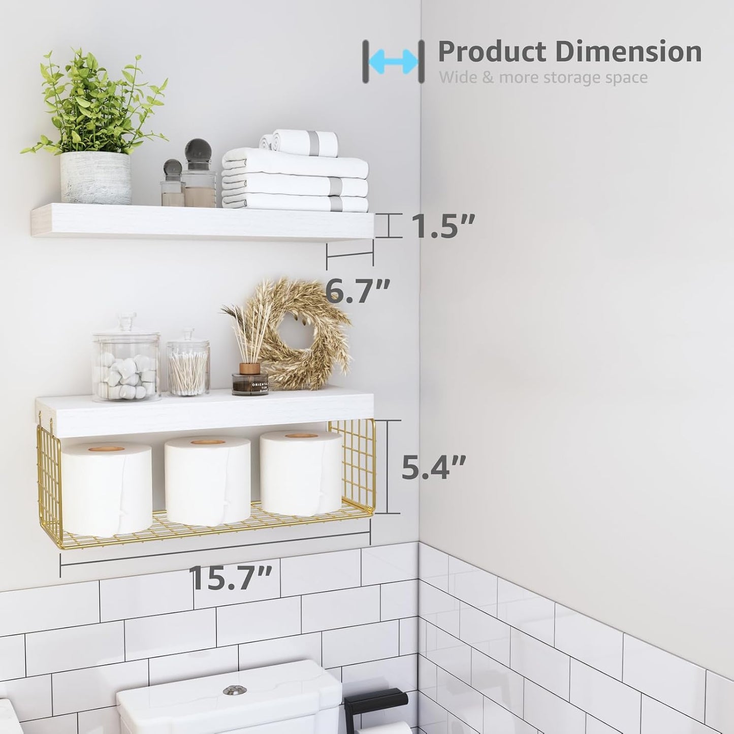 QEEIG Bathroom Shelves Over Toilet - Wall Mounted Floating Shelves Toilet Paper Storage Small Modern Decor Shelf 16 inch Set of 2, White and Gold (019-WG2)