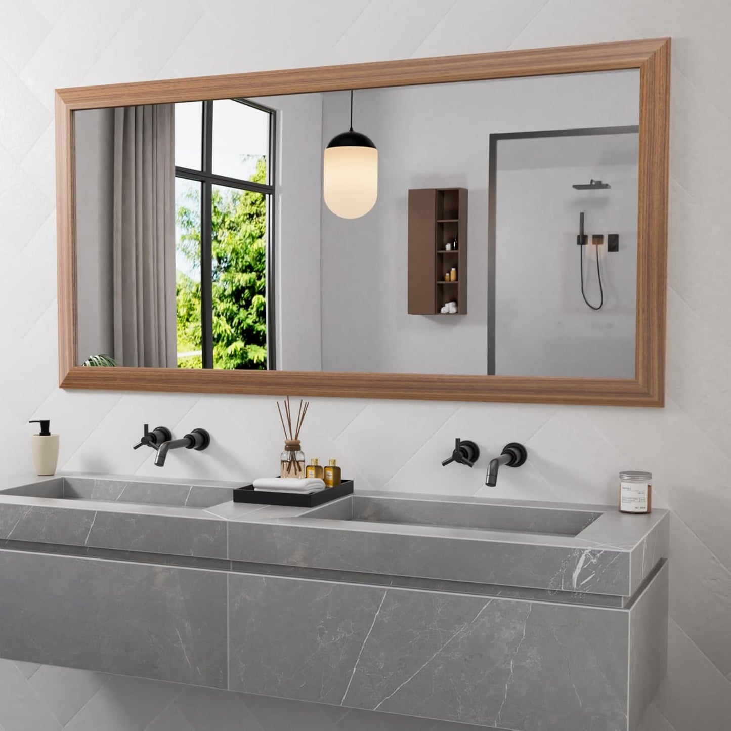 Amorho Bathroom Mirror, 60 X30 Inch Wall Mirror, Walnut Wood Grain Metal Framed, Anti-Rust, Hang Horizontally/Vertically, Suitable for Bedroom, Farmhouse, Bathroom, Decorative