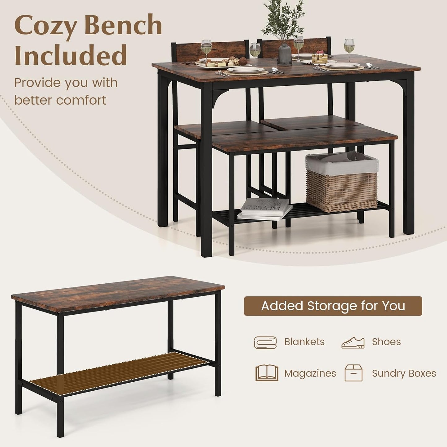 Tangkula Dining Table Set for 4, Kitchen Table and 2 Chairs for 4 with Bench, 4 Piece Dining Table Set for Small Space, Apartment