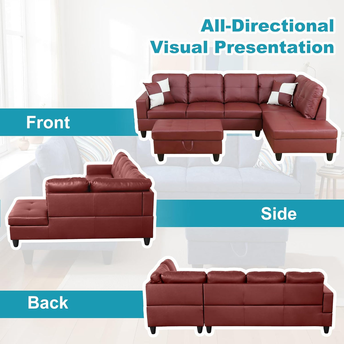 Couches for Living Room Faux Leather L Shaped Couch Comfy 3 Pieces Sectional Sofa with Chaise, Ottoman with Storage for Office and Small Apartment, Dark Red