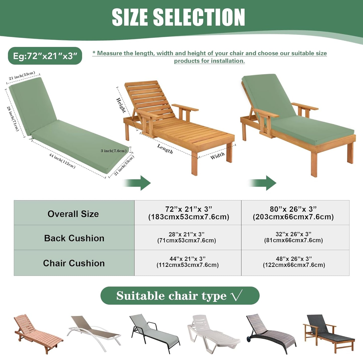 Chaise Lounge Cushions Outdoor Set of 4 - Waterproof and Fade Resistant Sun Lounger Replacement Cushions - Patio Lounger Pads with Removable Cover for Pool, Deck, 72 x 21 x 3 Inch, Sage Green