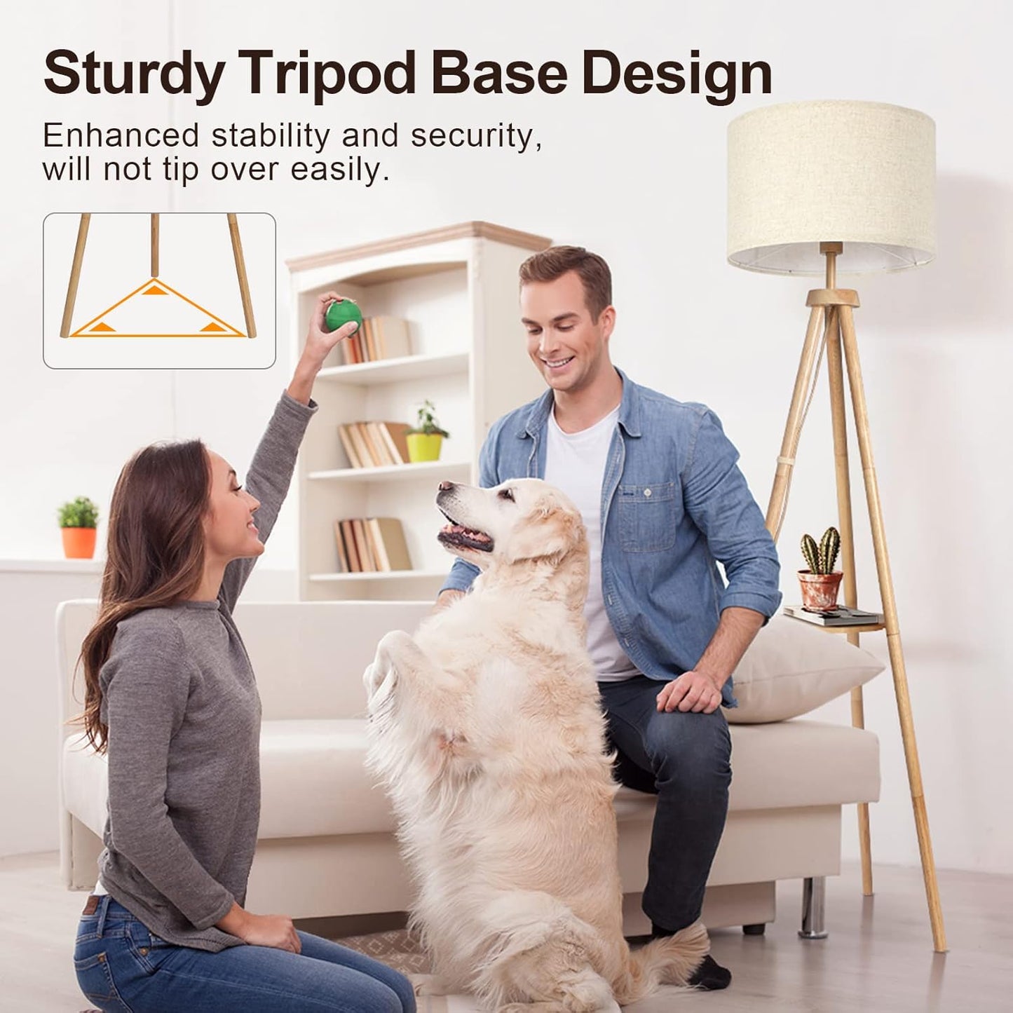 OUTON Wood Tripod Floor Lamp with Shelves, Mid Century Floor Lamp with Remote Control,4 Color Temperature, LED Modern Dimmable Standing Lamp with Beige Linen Shade for Living Room, Bedroom, Office