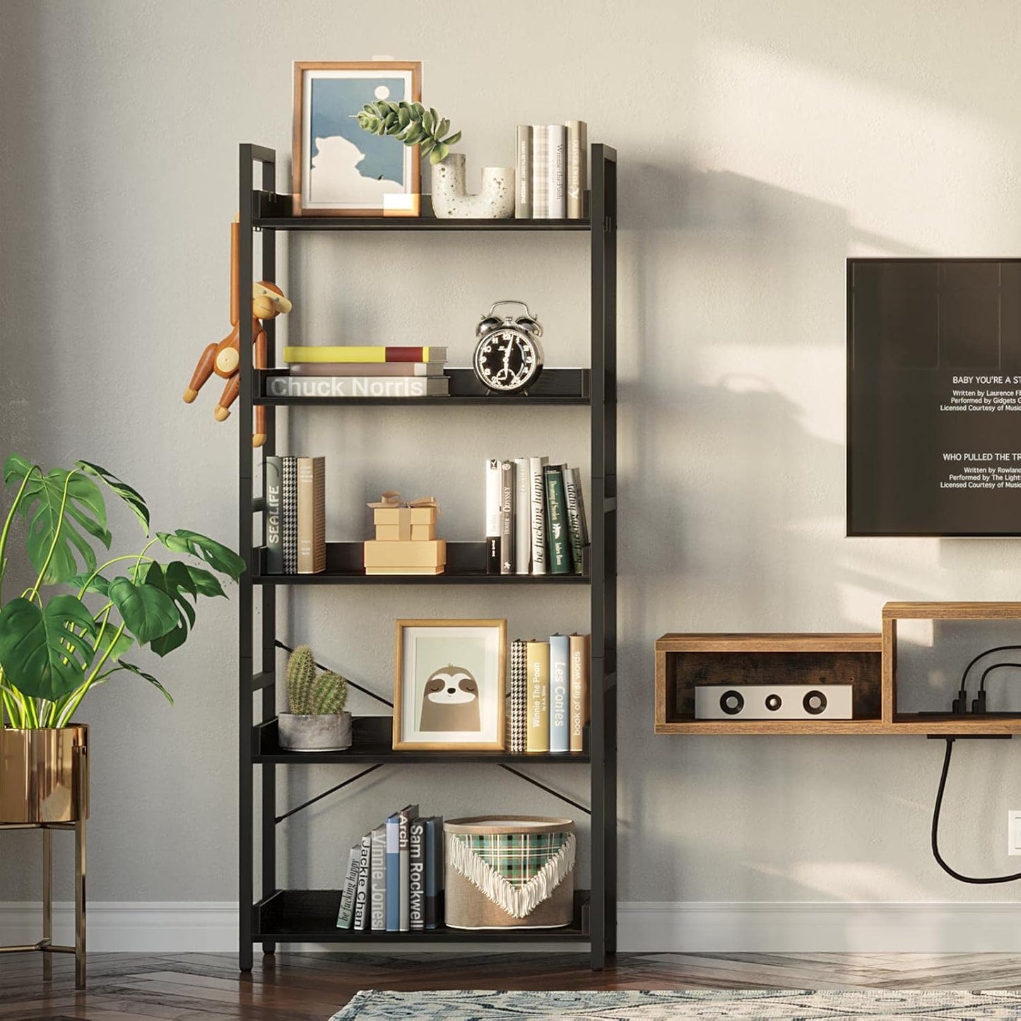 Rolanstar Bookshelf 5 Tier with 4 Hooks, Industrial Wood Bookcase, Vintage Storage Rack with Open Shelves, Rustic Standing Bookshelves Metal Frame Display Rack for Living Room, Bedroom, Black