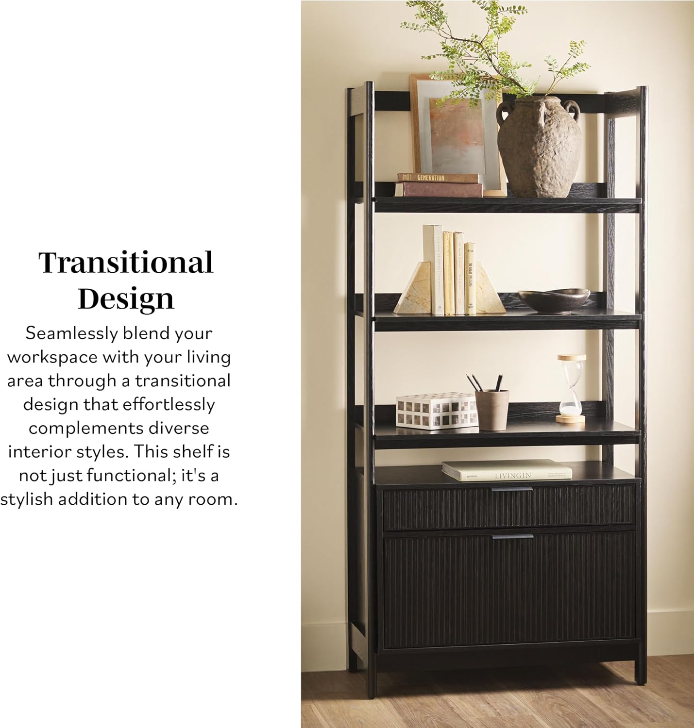 Walker Edison Transitional Open Reeded 4-Shelf Bookshelf with Drawers Versatile Bookcase with Bottom Storage for Home Office, Living Room, Bedroom, 33 Inch, Black