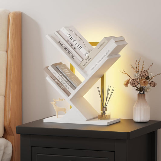 Tree Bookshelf with LED Lights, 3 Tier Floor Standing Bookcase, Classical Corner Shelf Kids Bookshelf, Tall Wood Book Storage for Bedroom, Living Room, Home Office, White
