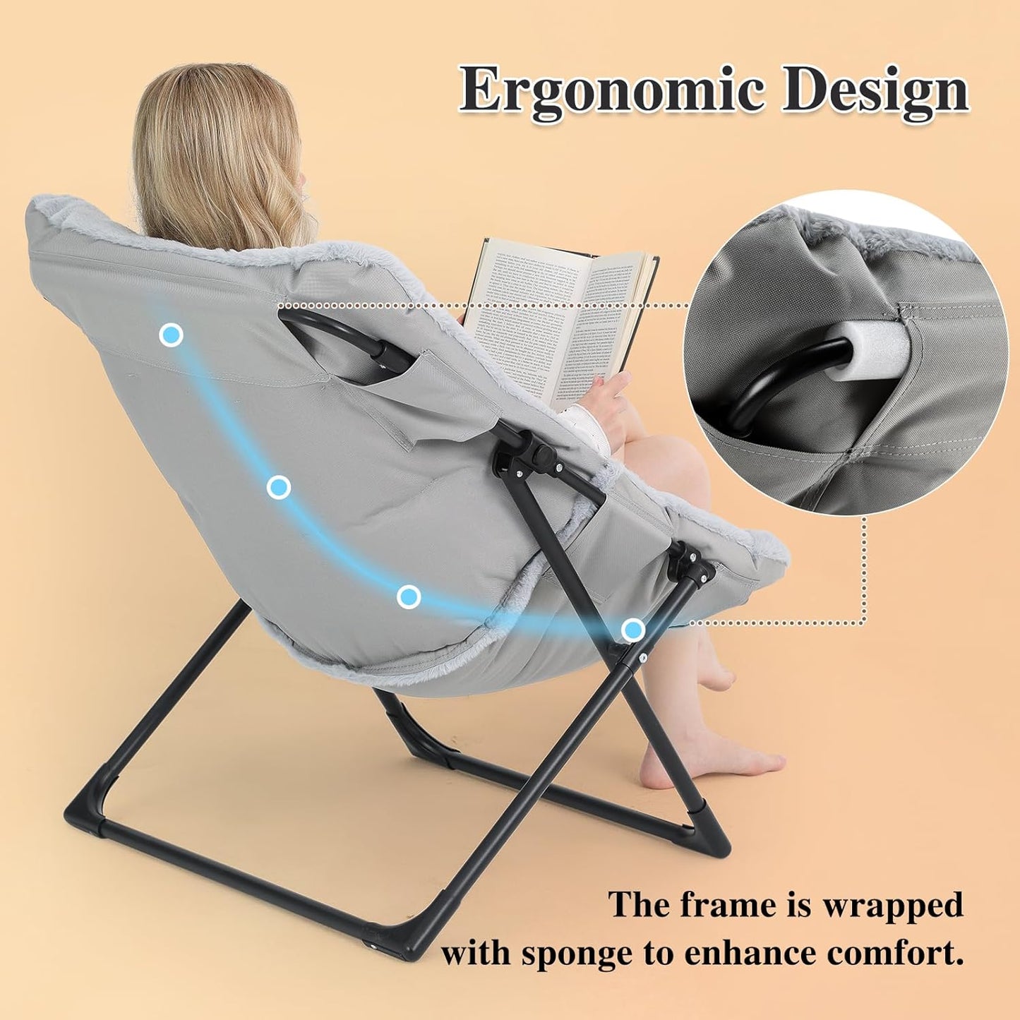 Comfy Saucer Chair for Adults, Soft Faux Fur Bedroom Chair, Accent Dorm Chairs, Flexible Living Room Reading Chairs, Oversized Folding Lounge Seat for Teens, X-Large, Grey