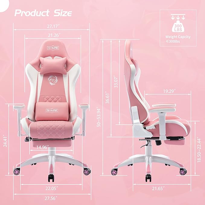 S*MAX Pink Gaming Chair with Footrest Thicken Seat Ergonomic Pink Gamer Chair with 3D Armrest PU Leather Headrest and Lumbar Support High Back Gaming Chair for Girls Pink White