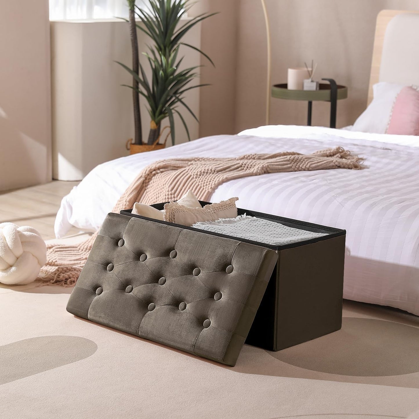 PRANDOM Extra Large Ottoman with Storage [1-Pack] Velvet Folding Small Square Foot Stool with Lid for Living Room Bedroom Coffee Table Dorm Dark Coffee 30.5x15x15 inches