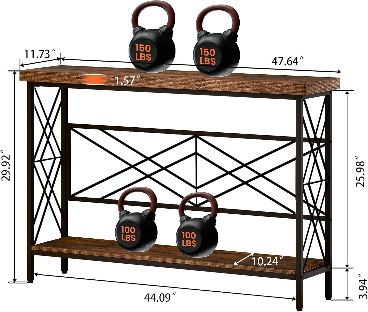 Industrial Console Table for Entryway, Rustic Console Table Behind Couch, 2 Tier Sofa Tables for Home Living Room, Hallway, Entrance, with Metal Frame(48 inches)
