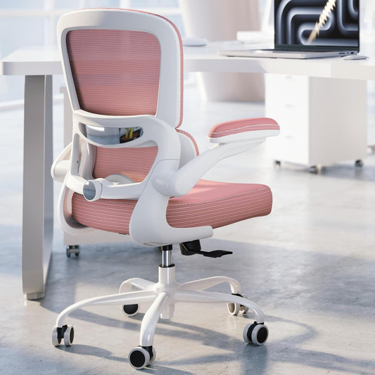 TRALT Ergonomic Office Chair - Desk Chair with Adjustable Lumbar Support Computer Chair - Mesh Comfy Chair with Flip-up Armrests - Gaming Chairs for Adults Home Office (Leather, Pink)