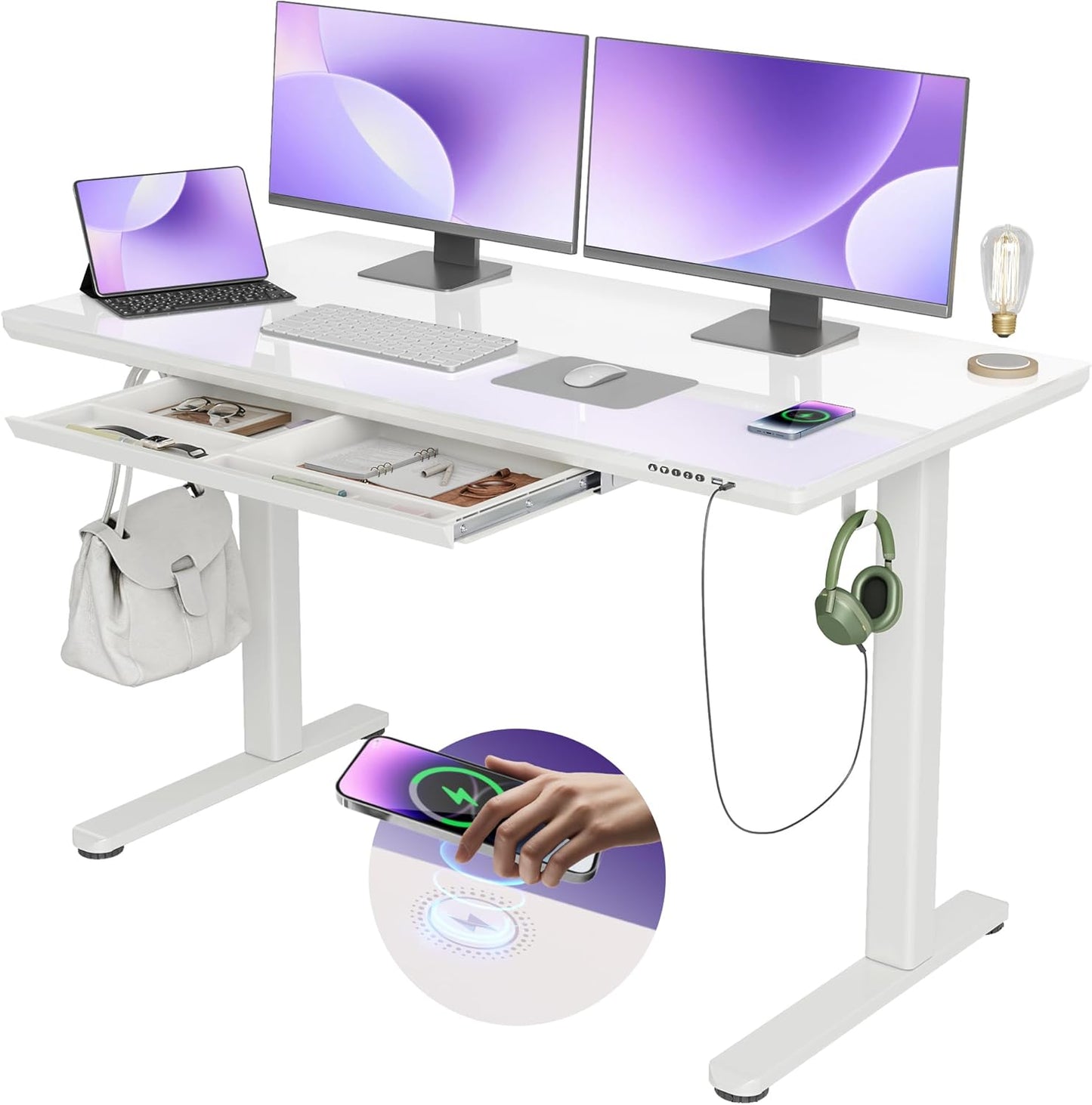 INNOVAR Wireless Charging Glass Standing Desk with Drawers, Adjustable Height Stand Up Desk, Electric Standing Desk with Storage, 55 inch, Super White