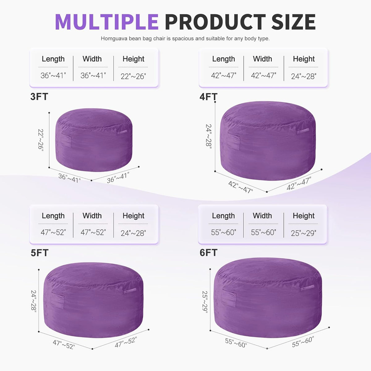 Homguava 4 FT Bean Bag Chair: 4' Bean Bags with Memory Foam Filled, Large Beanbag Chairs Soft Sofa with Dutch Velvet Cover-Purple