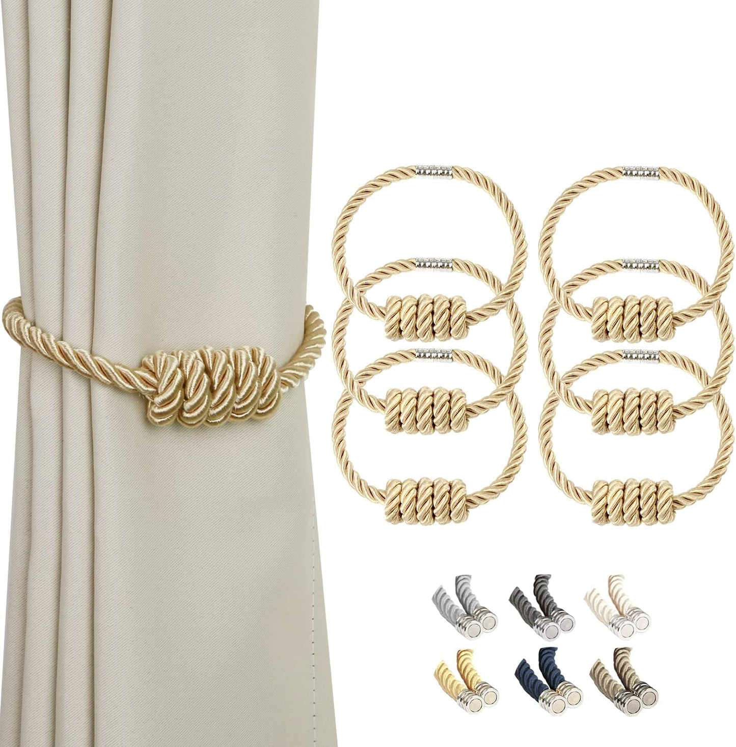 BEL AVENIR Magnetic Curtain Tiebacks, Decorative Drapery Holdbacks Modern Woven Tie-Backs with Exquisite Knot (Gold, 6 Pack)