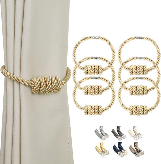 BEL AVENIR Magnetic Curtain Tiebacks, Decorative Drapery Holdbacks Modern Woven Tie-Backs with Exquisite Knot (Gold, 6 Pack)