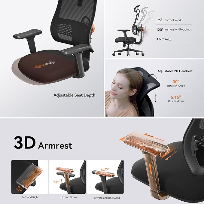 Newtral Ergonomic Office Chair with Adaptive Lumbar Support- High Back Desk Chair with Adjustable Headrest, 3D Armrest, Adjustable Seat Depth & Height, Home Office