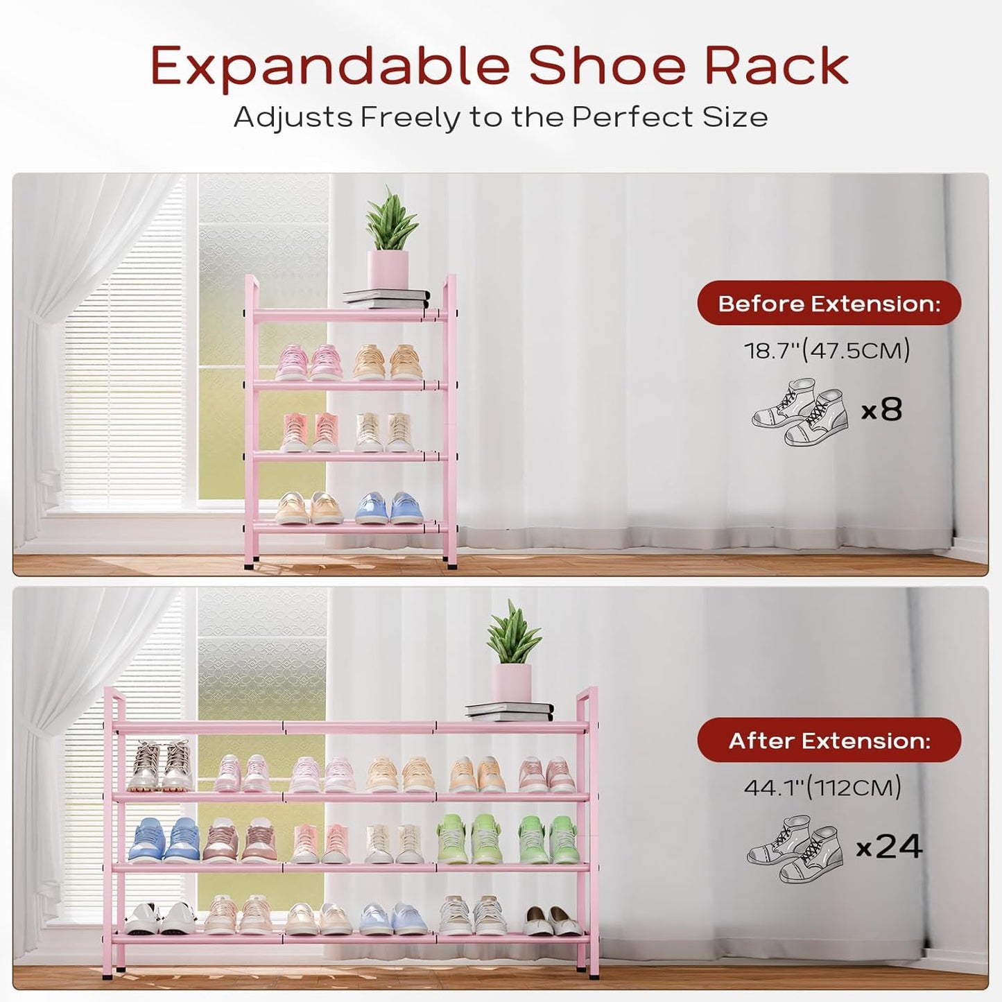 Bumusty 4-Tier Long Expandable Shoe Rack for Closet, 18"-44" Adjustable Shoe Rack for Entryway, 20-24Pairs Large Shoe Organizer Shelf Storage, Sturdy Metal, Black