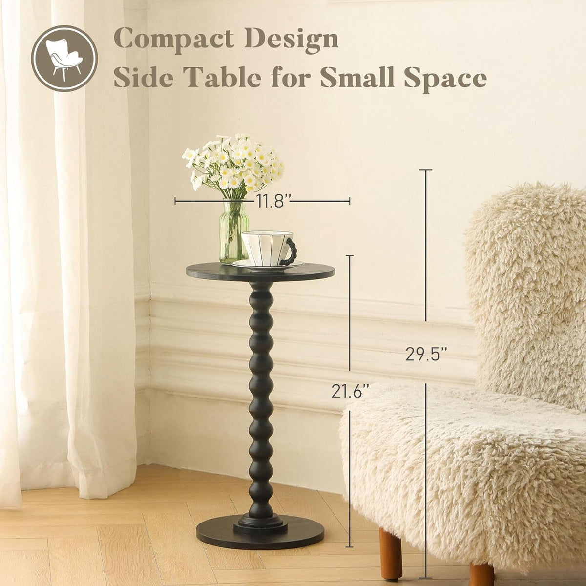 Round Side Table, Small Drink Table for Small Spaces, Modern Accent End Table Nightstand with Solid Wood Leg for Living Room, Bedroom, Corners, and Office (Black)