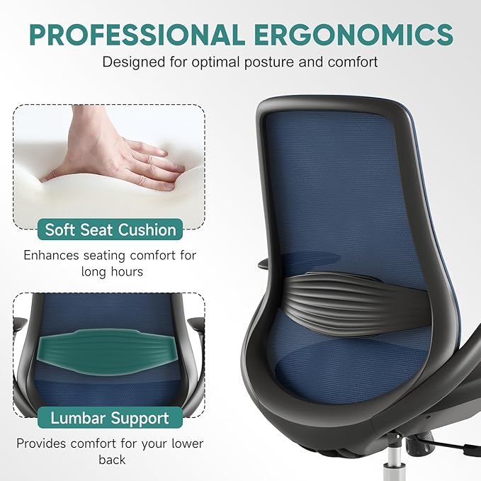 Ergonomic Mesh Office Chair, 330LBS Executive Desk Chair with Lumbar Support, 2D Armrests, Comfy Swivel Computer Task Chairs for Long Hours (Blue)