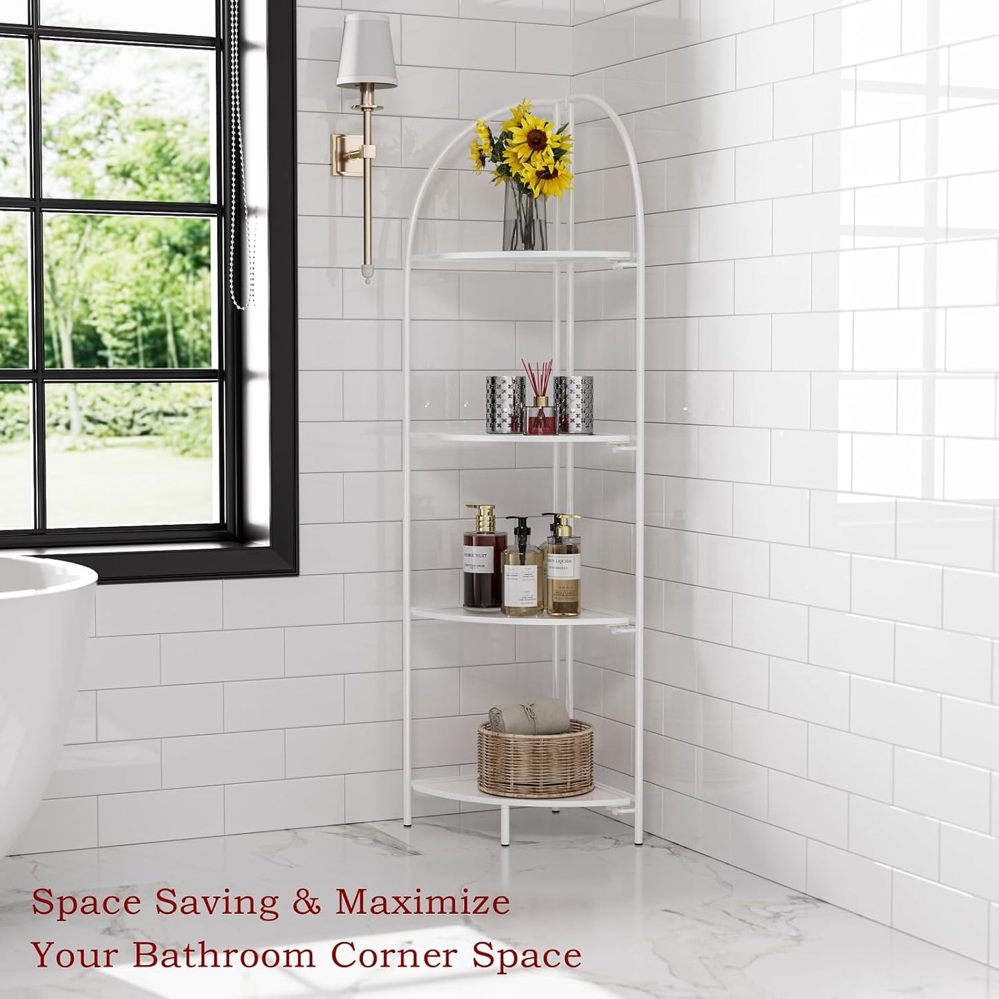 Crofy Foldable 4 Tier Corner Shelf, Metal Corner Plant Stand with White Frame and White Shelves, Corner Display Rack Multipurpose Shelving Unit for Living Room, Bedroom, Bathroom