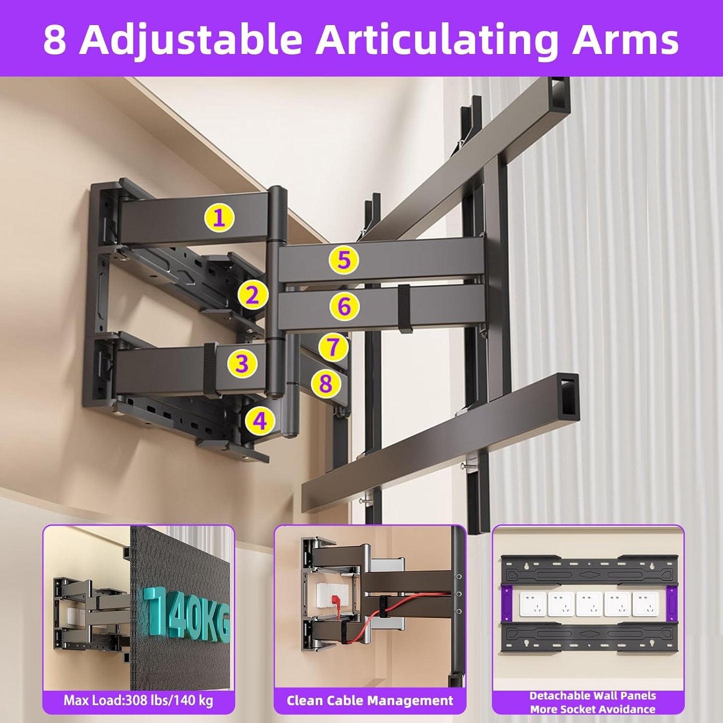 Full Motion TV Wall Mount for 55-120 Inch TVs,308Lbs Heavy Duty,Ultra-Slim 8 Articulating Arms,Tilt, Swivel & Extension,Preassembled,Avoid sockets,Max VESA 850x600,Fits 16-24" Studs,XL-DY867