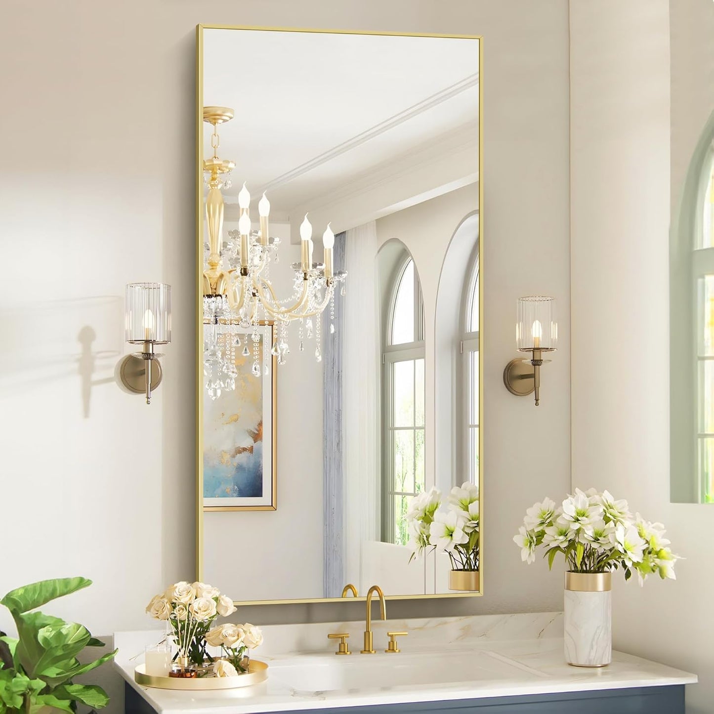 48x24In Gold Bathroom Mirror for Wall, Brushed Gold Rectangle Mirrors with Metal Frame, Bathroom Rectangular Mirror Modern Wall Mirror for Bedroom Living Room, Hangs Horizontal or Vertical