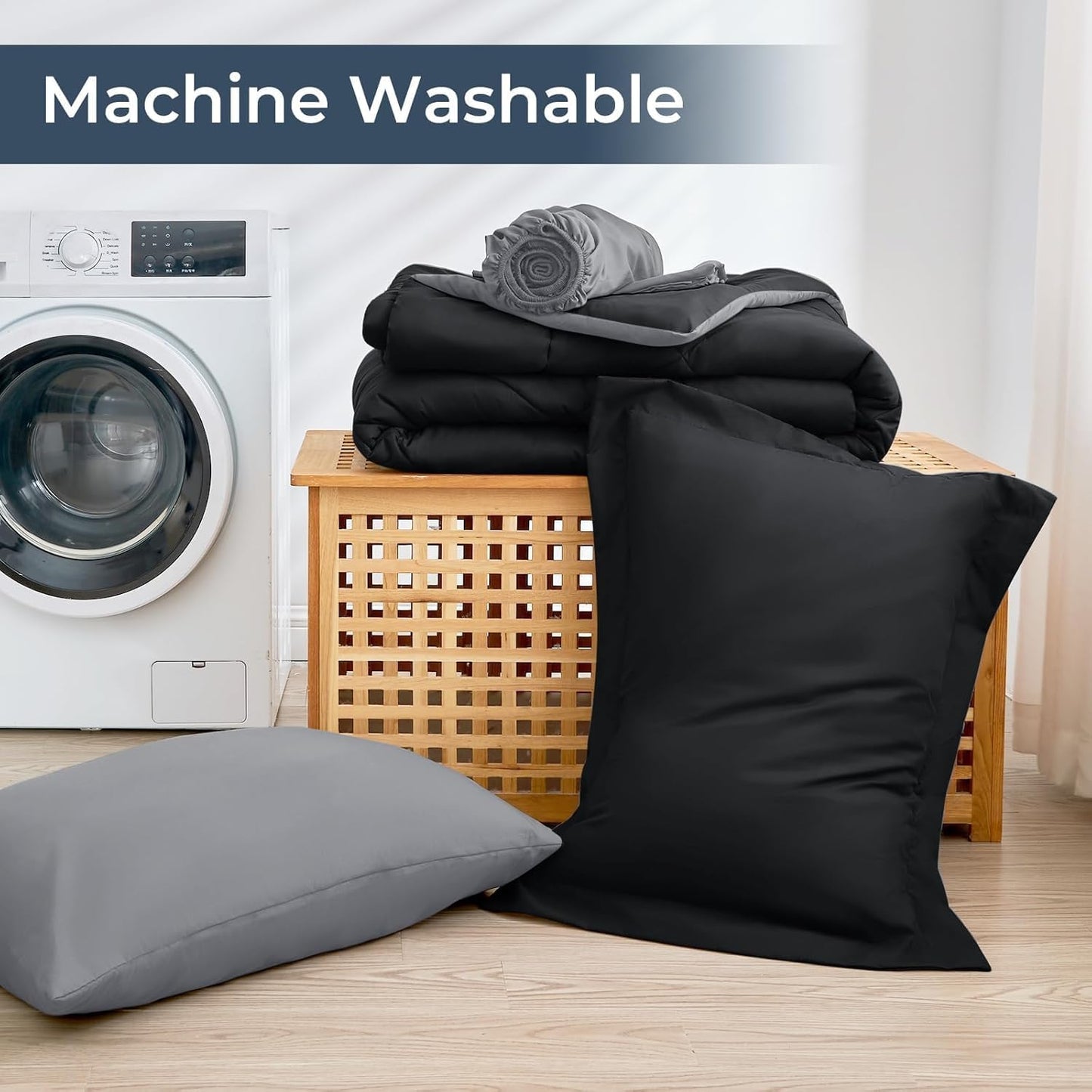 HEVUMYI Twin-XL Comforter Set - 5-Piece All Season Bed in a Bag Twin-XL, Ultra Soft Bedding Set with Comforter, Flat Sheet, Fitted Sheet, Pillowcases, Pillow Shams, Black & Light Grey