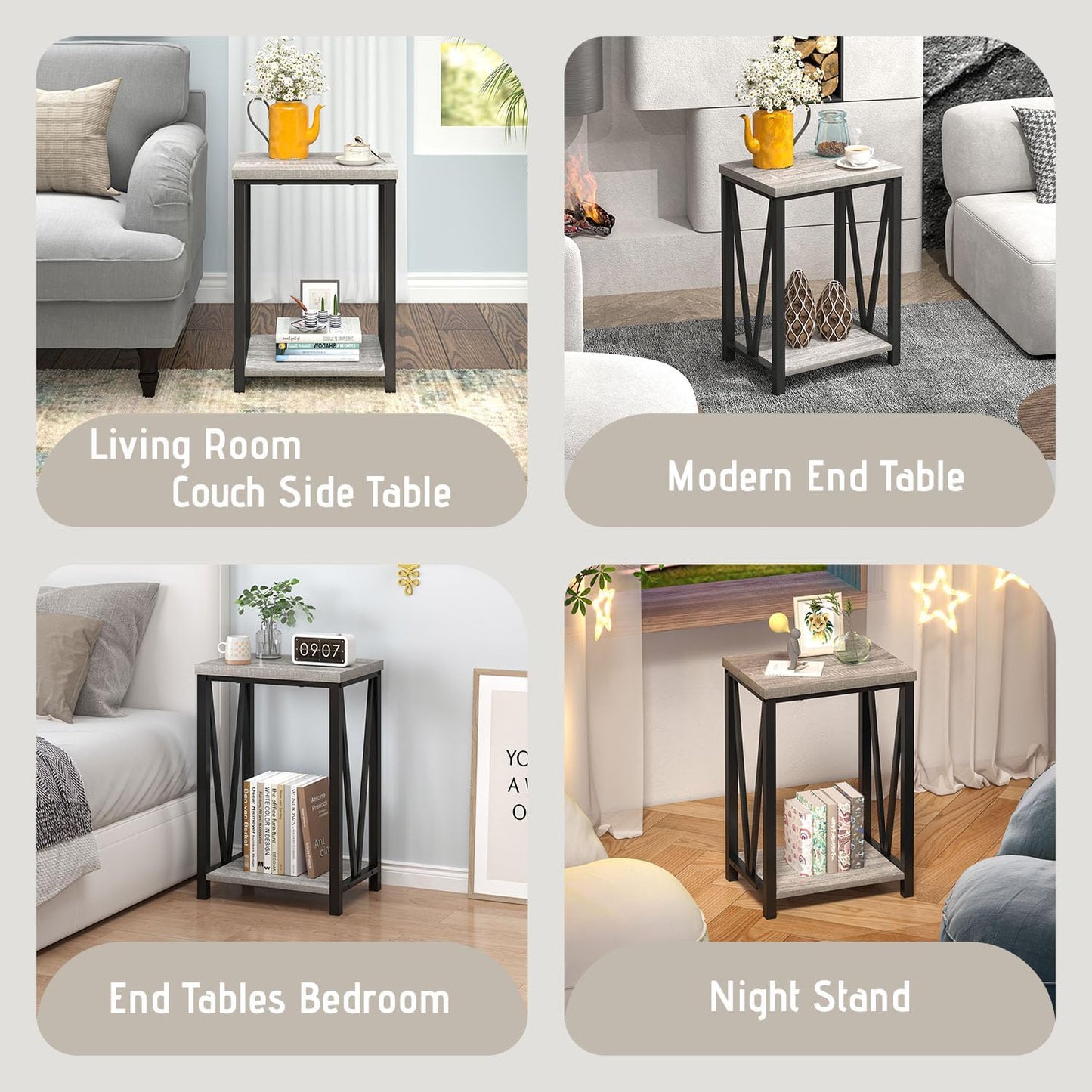 FOLUBAN End Table, Rustic Wood and Metal Side Table with Storage, Modern NightStand for Living Room Bedroom, Small Spaces, Light Grey