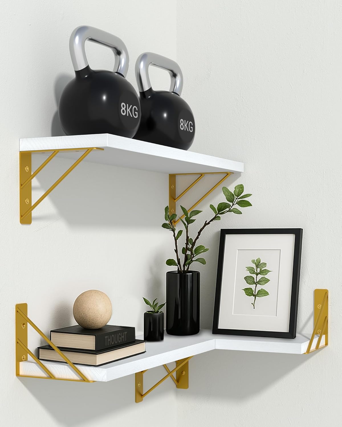 BAYKA Wall Shelves for Bedroom Decor, Floating Wall Shelves for Living Room Kitchen Storage, Wall Mounted Rustic Wood Shelves for Kids Books,Corner Shelves for Bathroom(White and Gold，Set of 3)