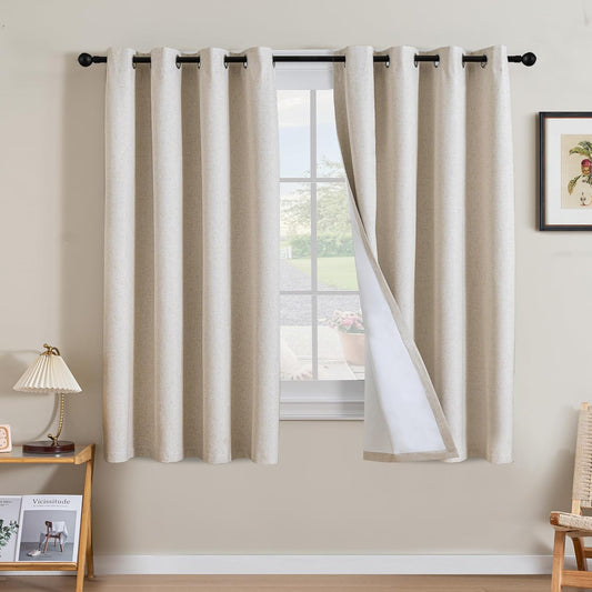 H.VERSAILTEX Linen Curtains 100% Blackout Curtains for Bedroom 63 inch Long Full Light Blocking Nature Linen Blended Window Curtains for Living Room Nickel Grommet (2 Panels, Heathered Natural)