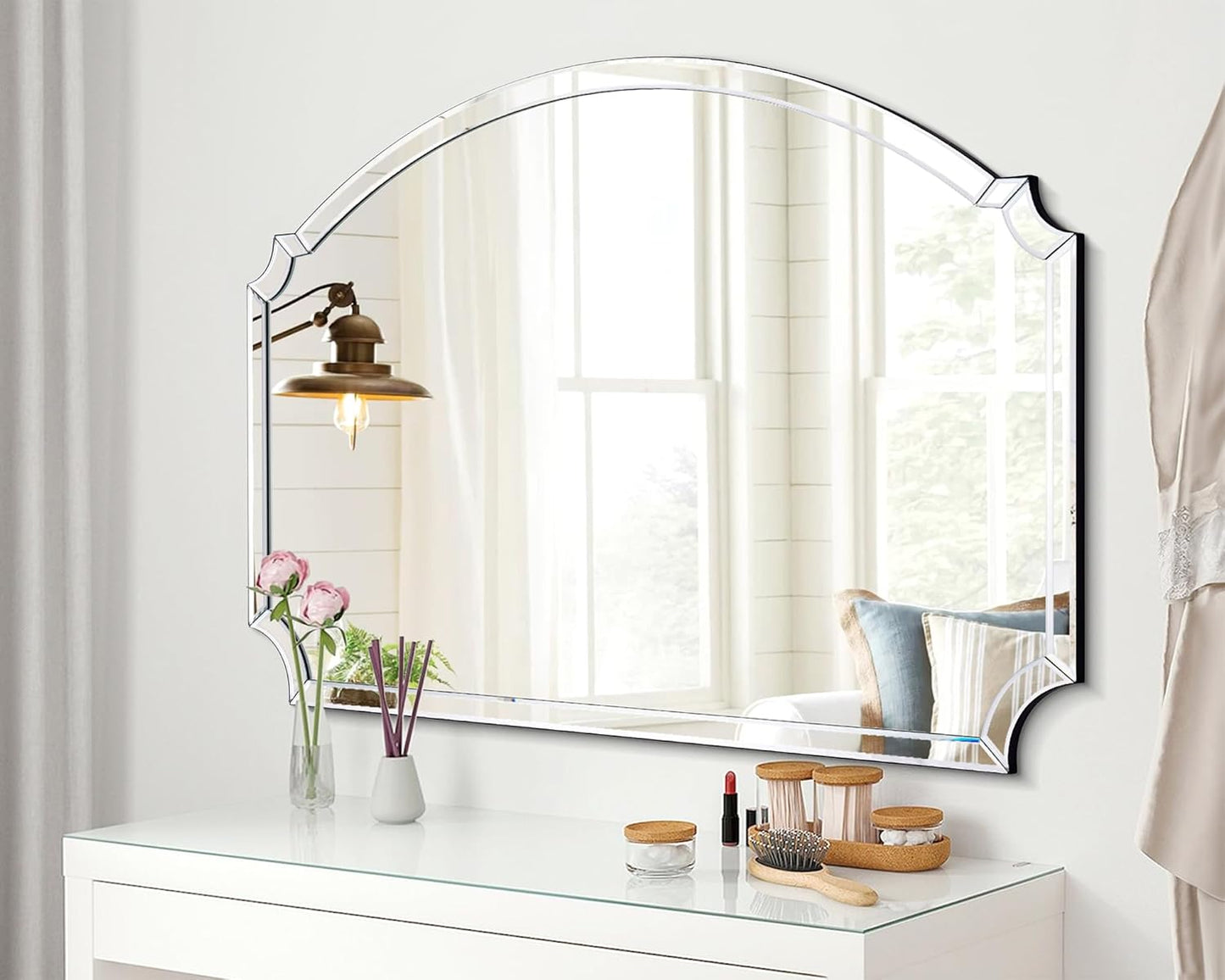 Chende Large Arched Wall Mirror with Glass Beveled Frame&Wood Backboard, 31.5" X 47.2" Horizontal Decorative Mirror Scalloped Corner for Bathroom, Living Room, Entryway, Bedroom