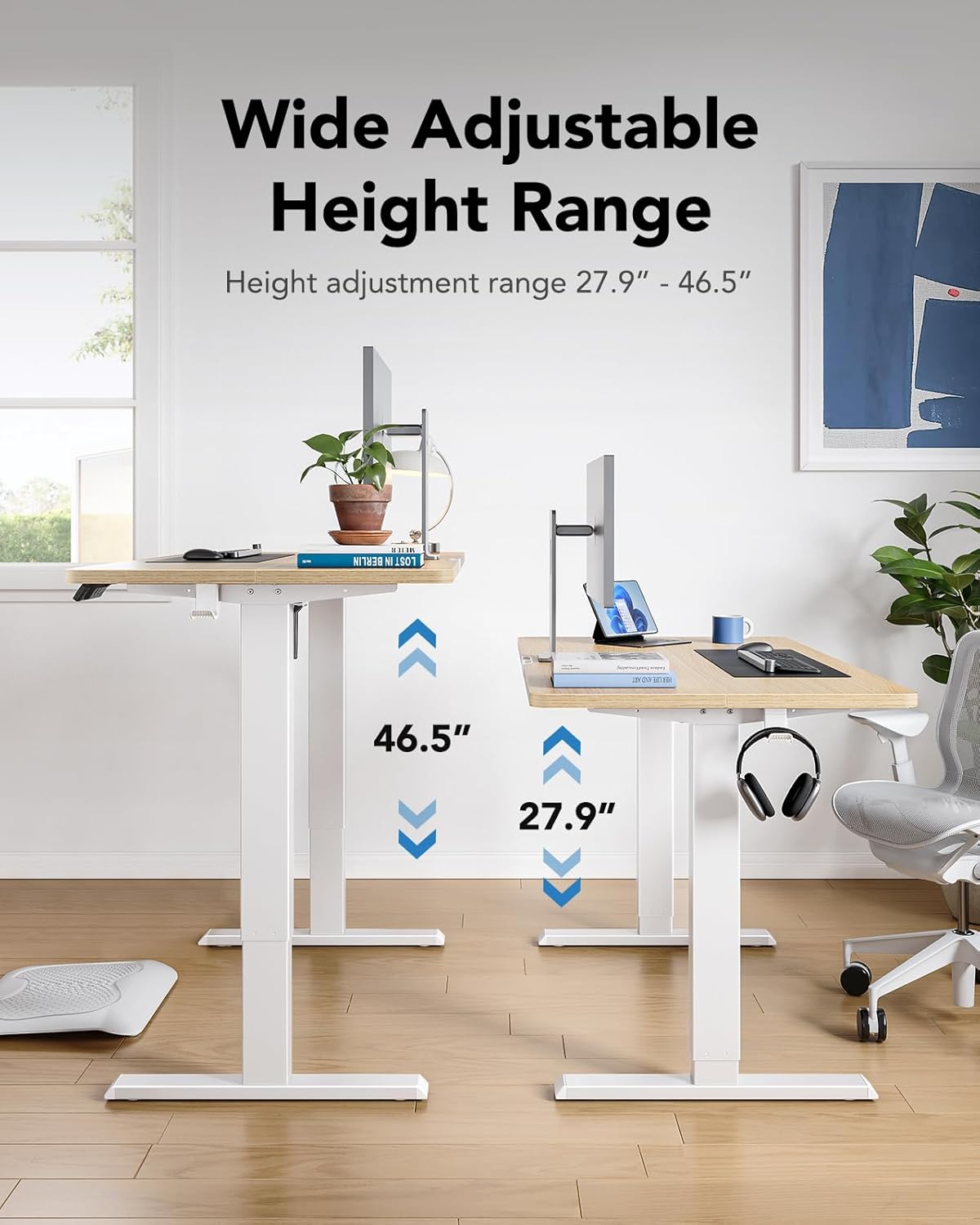 HUANUO 55" x 28" Electric Standing Desk Adjustable Height, 4 Memory Height Settings, Headphone Hook, Cable Manager, Sit Stand Up Desk for Home Office & Computer Workstation, Nature