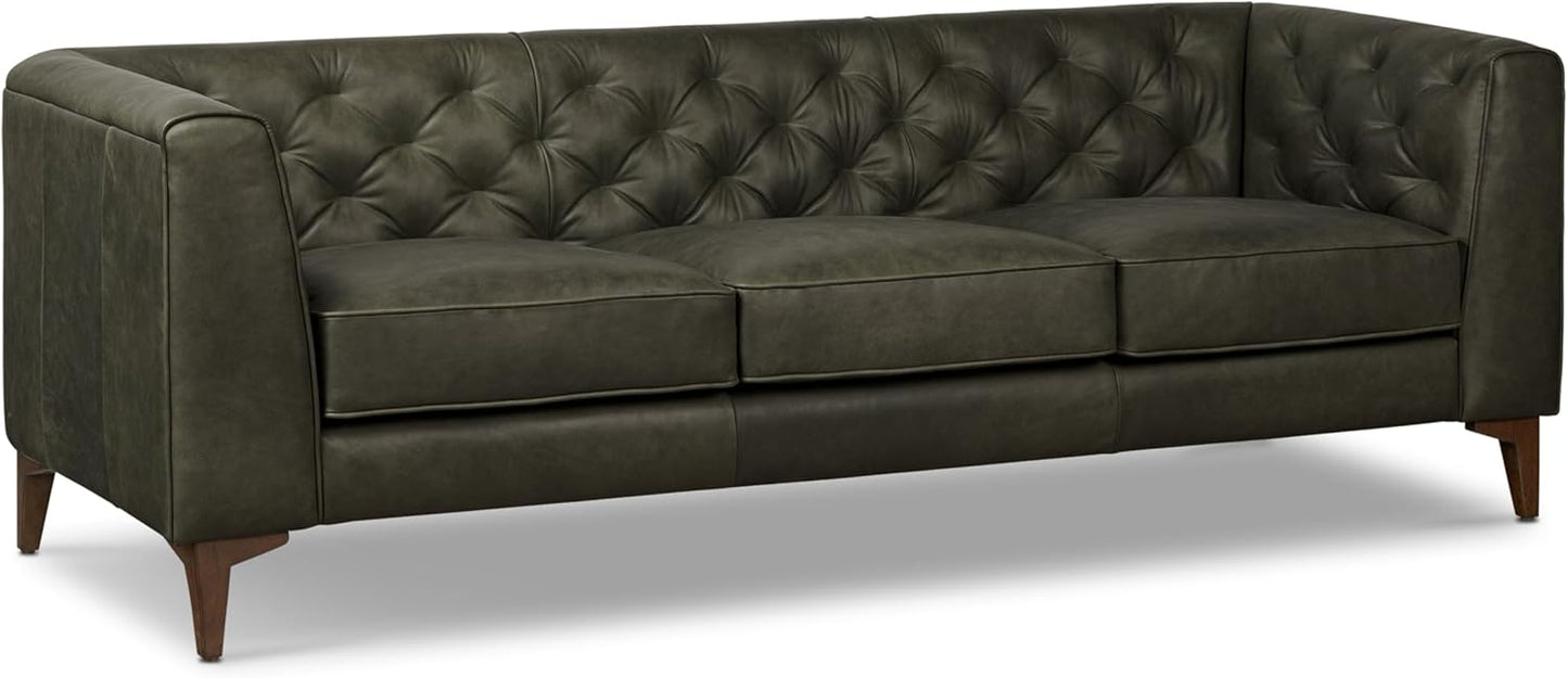 POLY & BARK Essex Leather Couch - 89-Inch Sofa with Tufted Back - Full-Grain Leather Sofa for Living Room with Feather-Down Topper - Living Room Couch - Vintage Italian Leather in Olivine Green