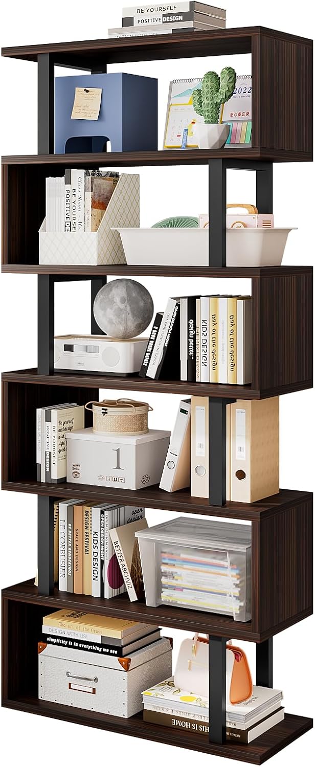 SORCEDAS Bookshelf Geometric Bookcase S Shaped Industrial Bookshelf Storage Display Stand Shelf for Living Room Bedroom and Office Room (Black, 6 Tier)