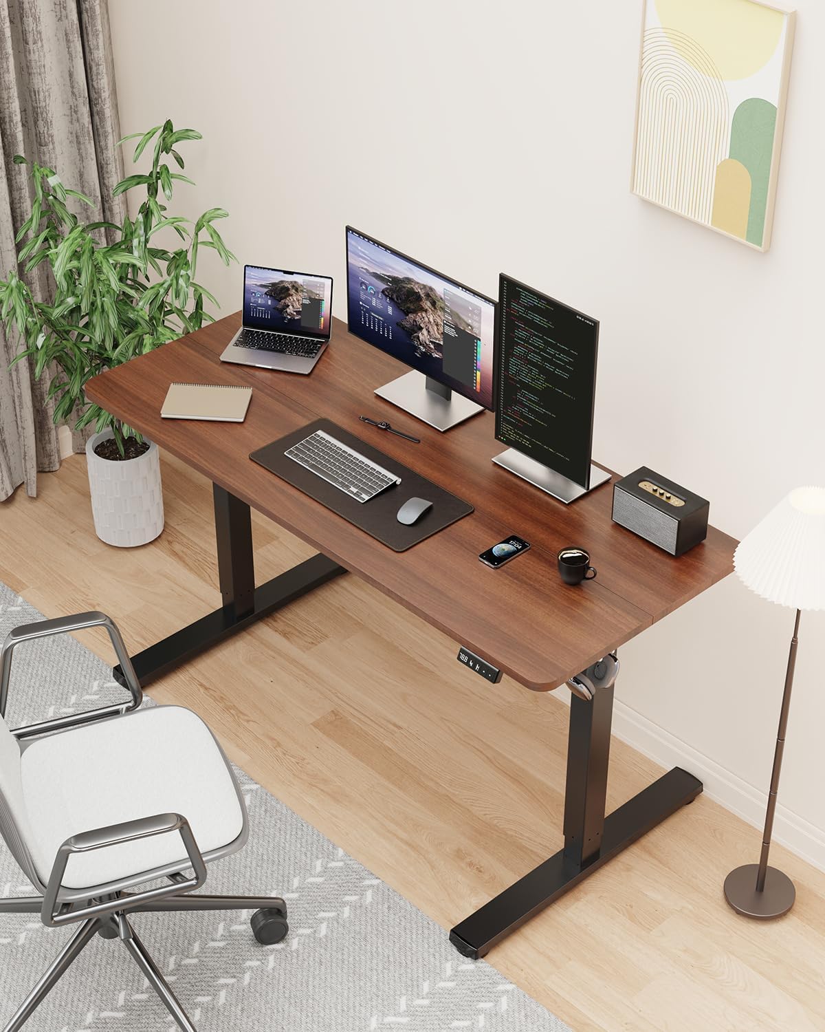Electric Standing Desk, Large Height Adjustable Stand up Desk, 48 x 24 Inches Sit Stand Home Office Desk, with Splice Board, Black Frame/Walnut Top